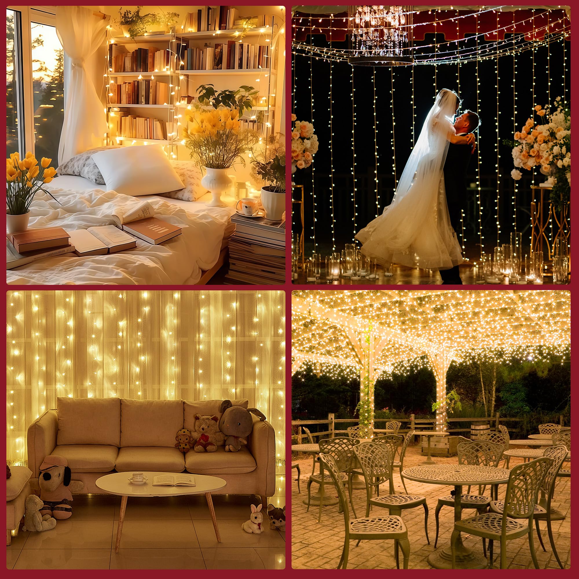 Guirnalda de luces de Navidad para interiores y exteriores, cable transparente, 200 luces LED de 66 pies conectables, luces de Navidad blancas cálidas para exteriores para dormitorio, 8 modos