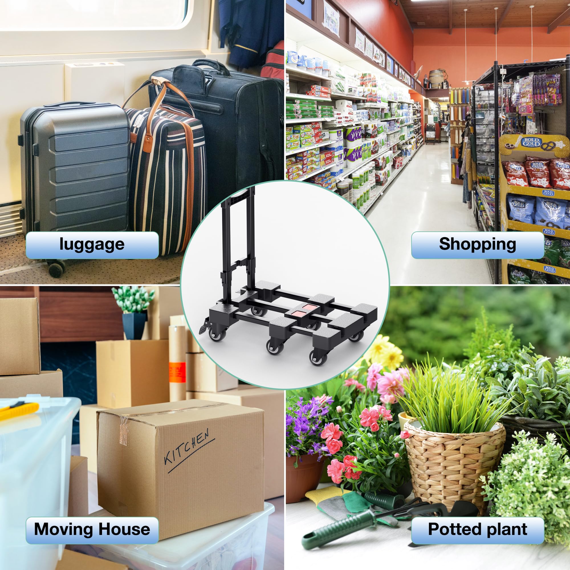 Carro de mano plegable, carrito de equipaje resistente de 500 libras, carrito de plataforma portátil con mango retráctil y 6 ruedas y 2 cuerdas elásticas para equipaje, mudanza, viajes, compras, uso