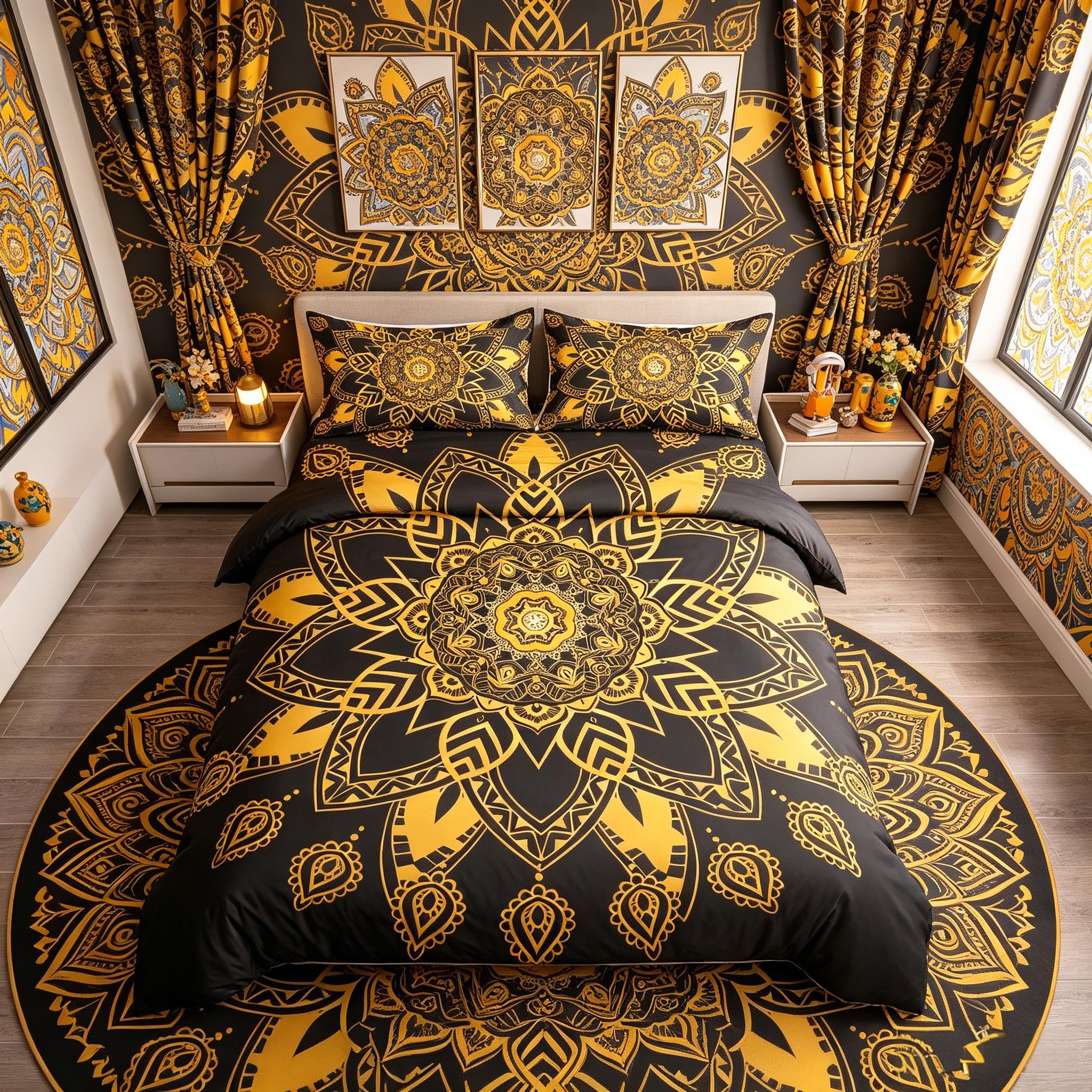 Loussiesd Jcx1459lyp Bohemian Mandala Duvet Cover Set Soft Microfiber Black Gold Super King Size