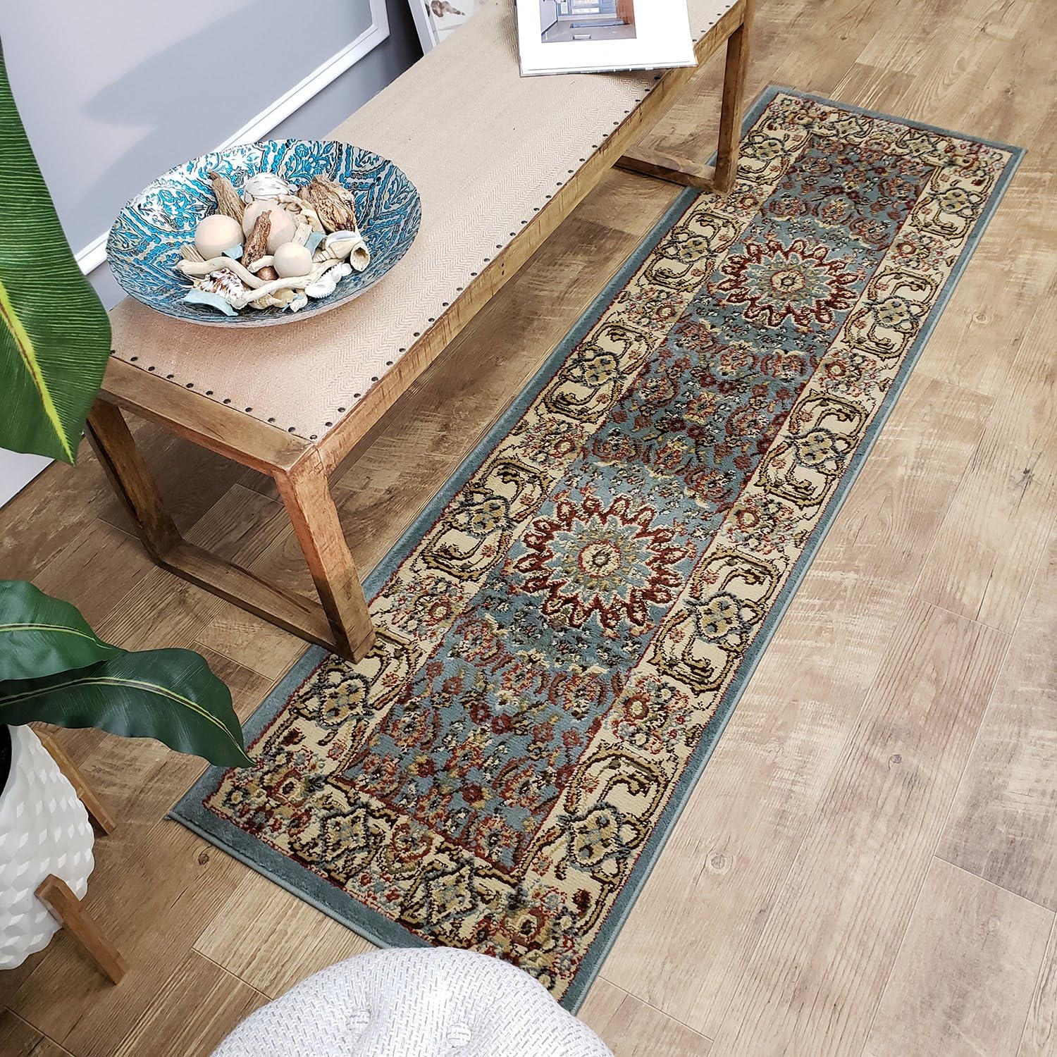 Maxy Home Traditional Hallway Runner Rug for Everyday Use, 2'7" x 10' (31 inch x 120 inch), Soft Touch, Lightweight, Ocean Blue (Greenish)
