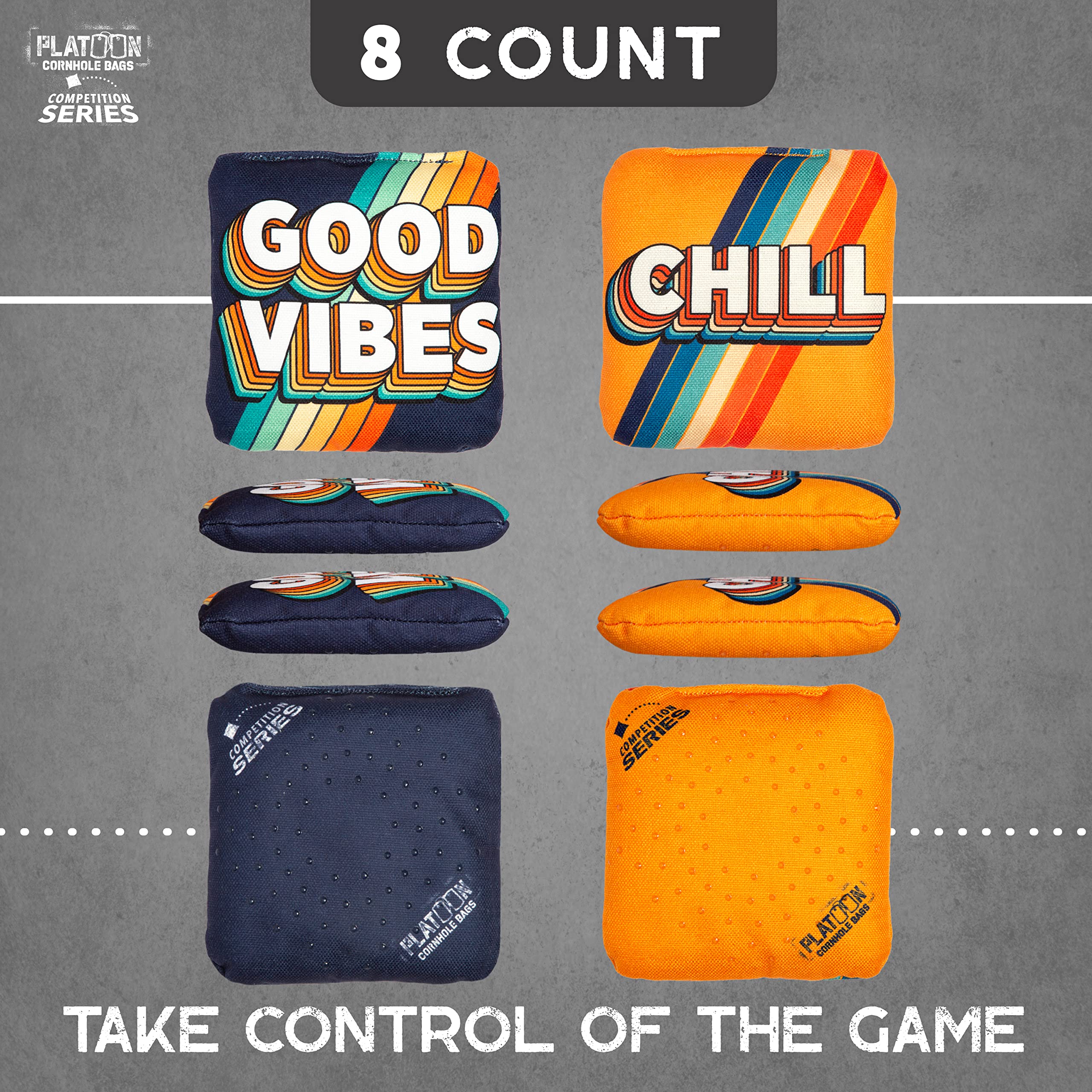 Play Platoon Competition Cornhole - Set di 8 sacchetti per fagioli a doppia faccia e appiccicosi per difesa a pois Pro per mais, in resina composita, con motivo "Good Vibes & Chill"