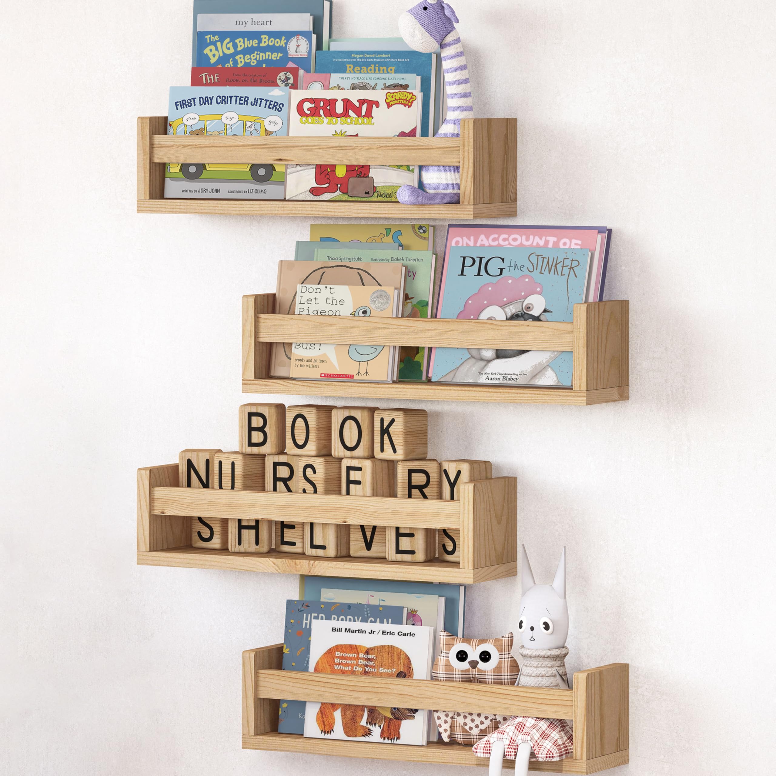 NATURE SUPPLIES Juego de 4 Estantes Flotantes de Madera Natural de 58 cm Estantes de Pared para Libros, Juguetes y Decoraciones, para Guardería y Habitación Infantil