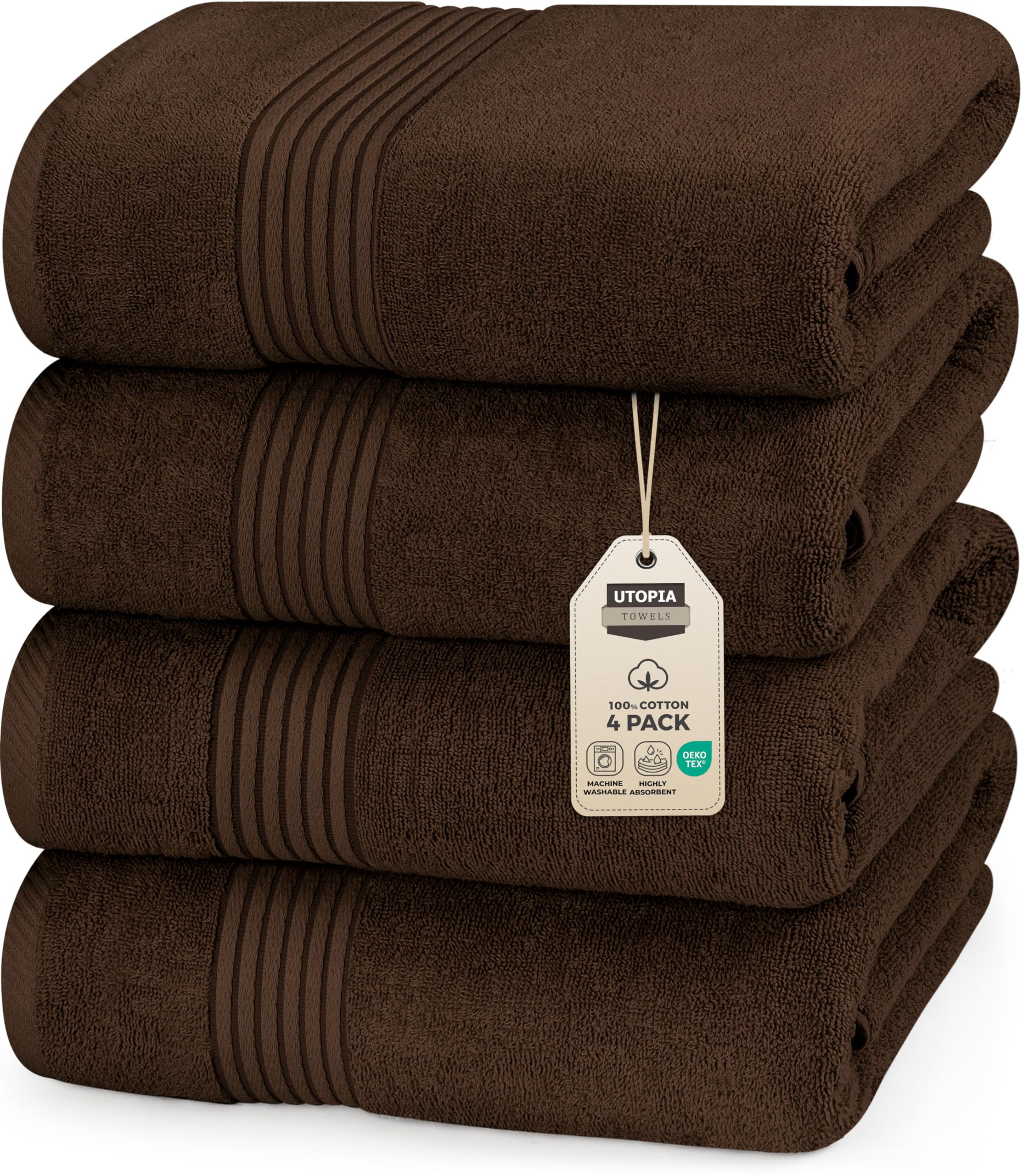 Utopia Towels 4 Pack Bath Towels Set, (27 x 54 Inches) 100% Ring Spun Cotton, Quick Dry, Highly Absorbent, Soft Feel Towels, Perfect for Daily Use (Dark Brown)