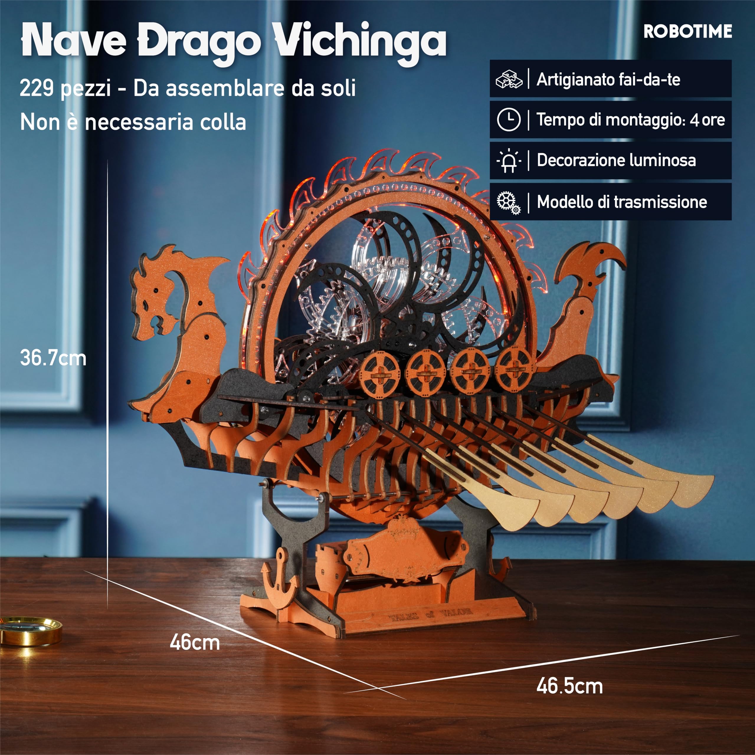 ROBOTIME Puzzle 3D in Legno Modellismo da Costruire Adulti, Modello di Nave Drago Vichinga Con Motore e Luce LED, Trasmissione Meccanica a Ingranaggi, Regalo Speciale Nave LK802