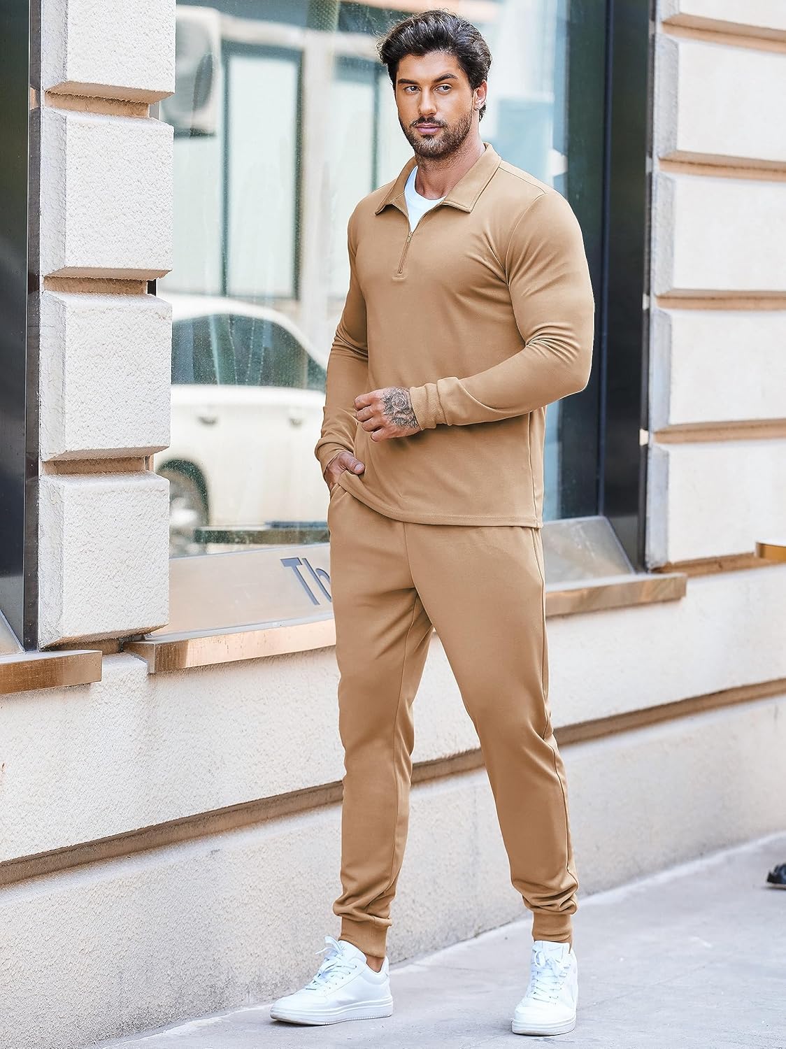 COOFANDY Men's Tracksuit 2 Piece Quarter Zip Polo Athletic Sweatsuits Casual Running Jogging Sport Suit Sets - Image 7