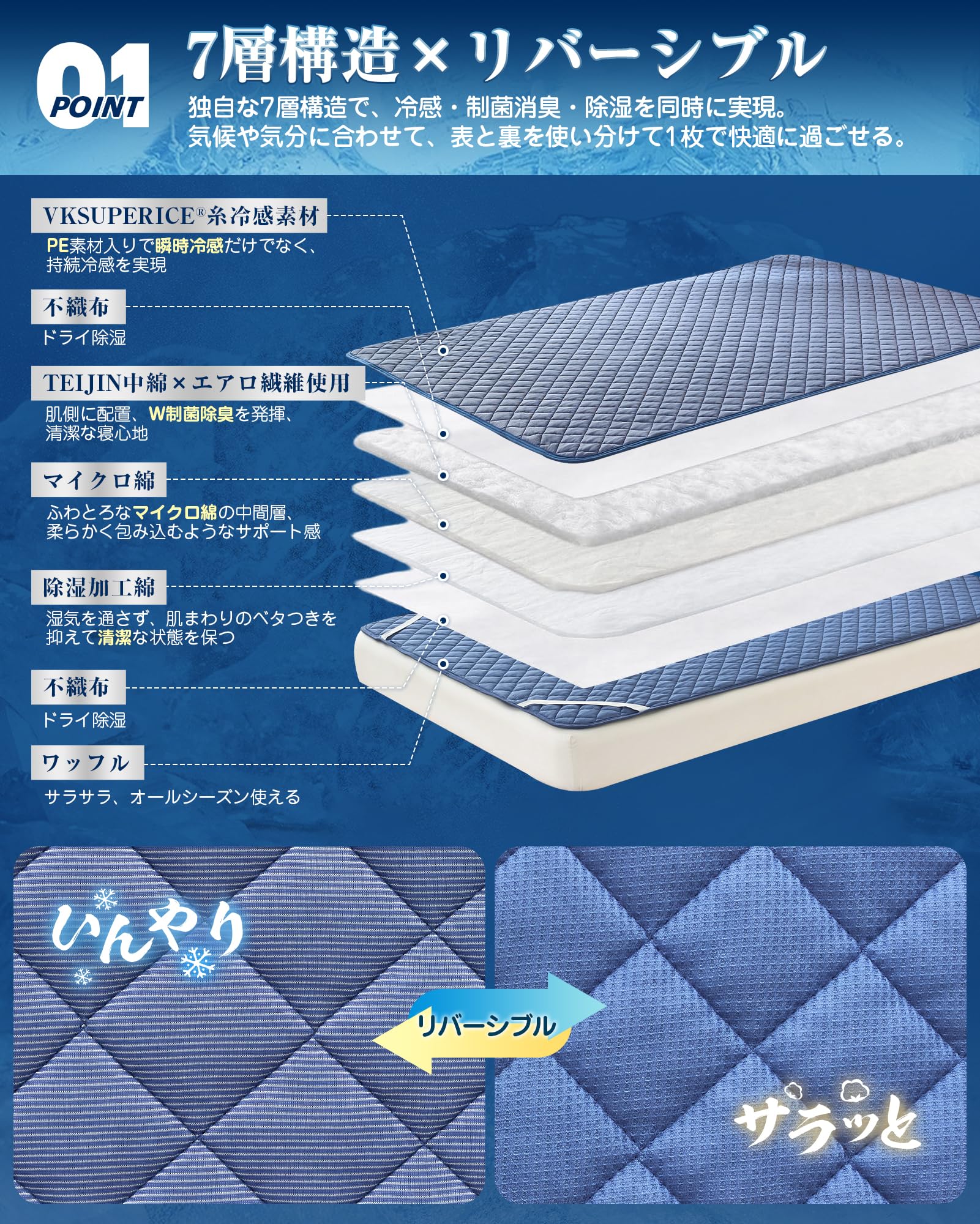 VK Living 敷きパッド 夏用 シングル リバーシブル 【SUPER ICE】 冷感持続 帝人TEIJIN中綿使用 しきぱっと 7層構造 24時間持続制菌消臭 ひんやり 二重除湿速乾 シーツ オールシーズンで使える 洗える ベッドパッド 防ダニ 100×200cm ネイビー - 3