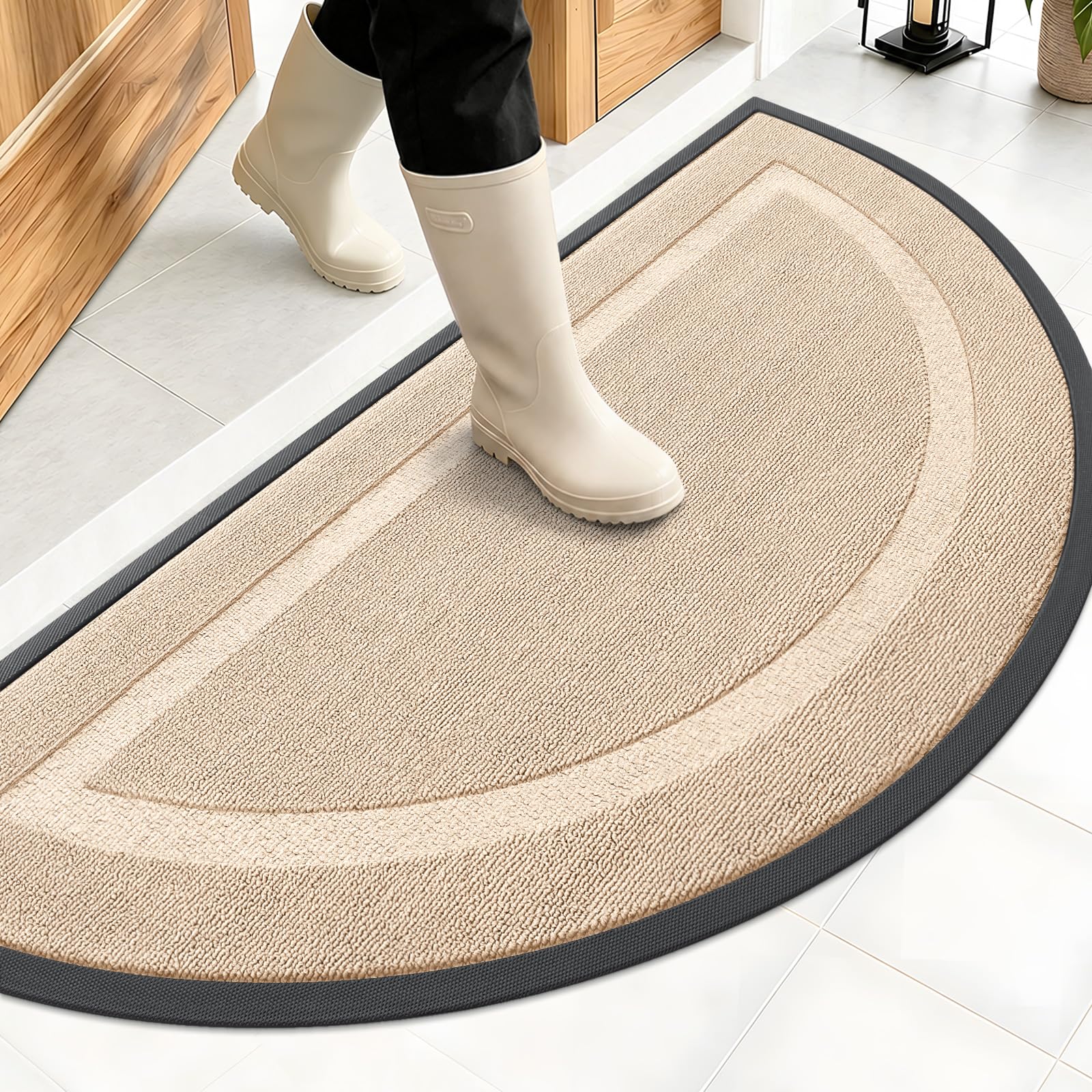 OLANLY Half Circle Front Door Mat Outside 47x23 All-Season Rubber Doormat | Off-White, Absorbent, Heavy-Duty, Stain Fade Resistant, Waterproof Non-Slip Backing, Low-Profile Indoor Outdoor Entryway Mat