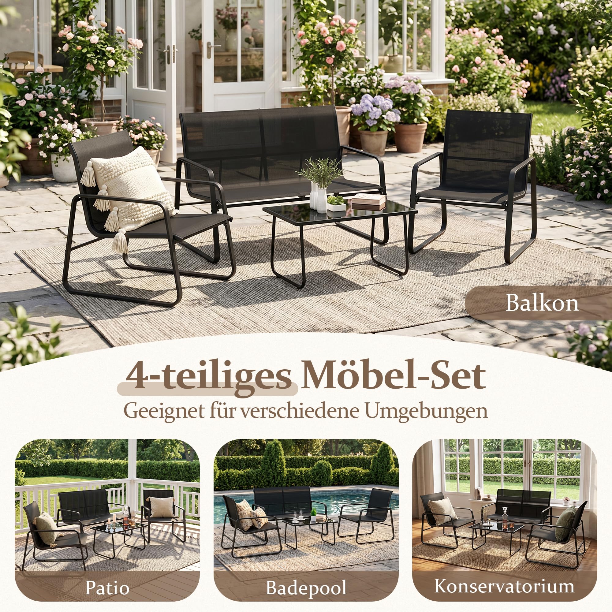 2026 Aufwertung 4-teiliges Garten Terrassen-Sitzset, Außenmöbel-Set mit Zweierstuhl, Zwei Einzelsitze, Tisch aus gehärtetem Glas, atmungsaktives Textilene und Stahlgestell für Balkon Terrasse Garten