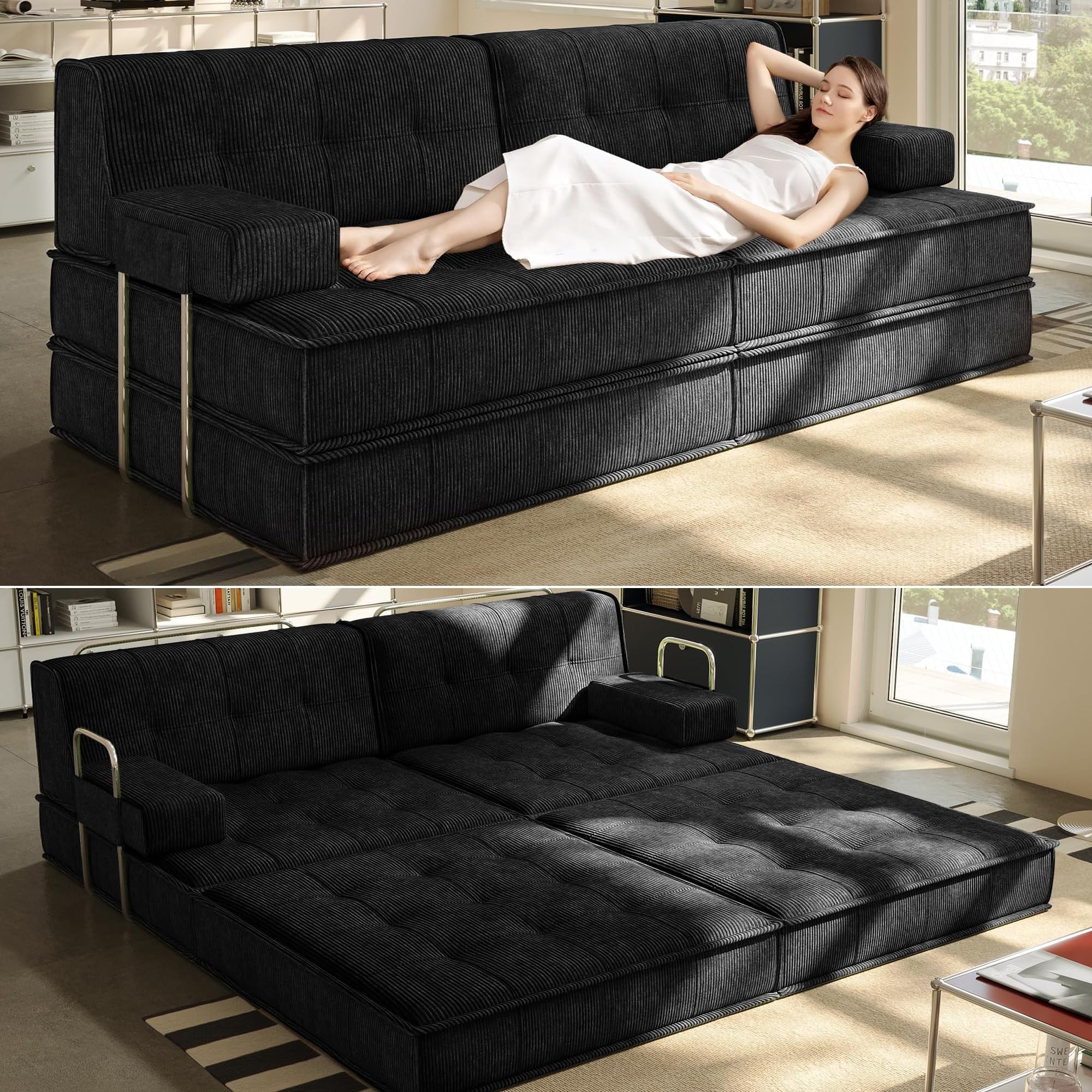 6 in 1 Schlafsofa 160x100cm,Klappbare Matratze 200x160cm mit festem Rahmen, Bequemer Ausklappbarer Futon, 4-Sitzer Gästesofa modularer Loveseat für Wohnzimmer (Schwarz)