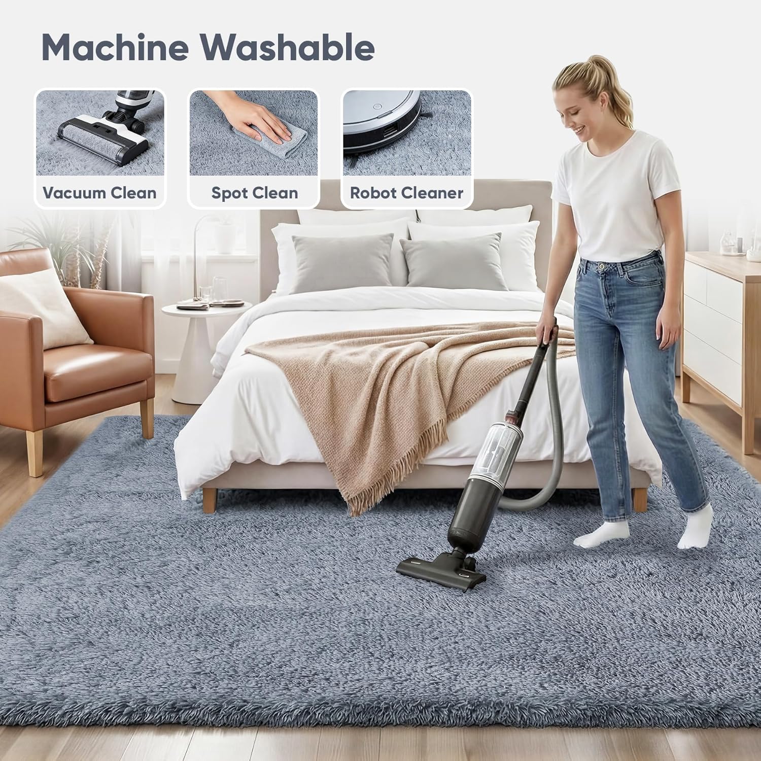 Area Rug for Living Room Bedroom: 4x6 Grey Soft Fluffy Shag Upgrade Non-Slip High Pile Carpet Large Fuzzy Plush Indoor Floor Decor Shaggy Rug for Kid Boys Girls Dorms Playroom Nursery Modern Home