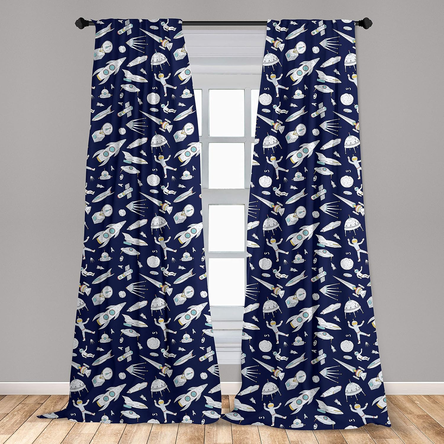 Ambesonne Space Curtains, Planets Rockets Cosmonauts Shuttles UFO Cosmic Adventure Digital Theme, Window Treatments 2 Panel Set for Living Room Bedroom Decor, Pair of - 28" x 63", Indigo White
