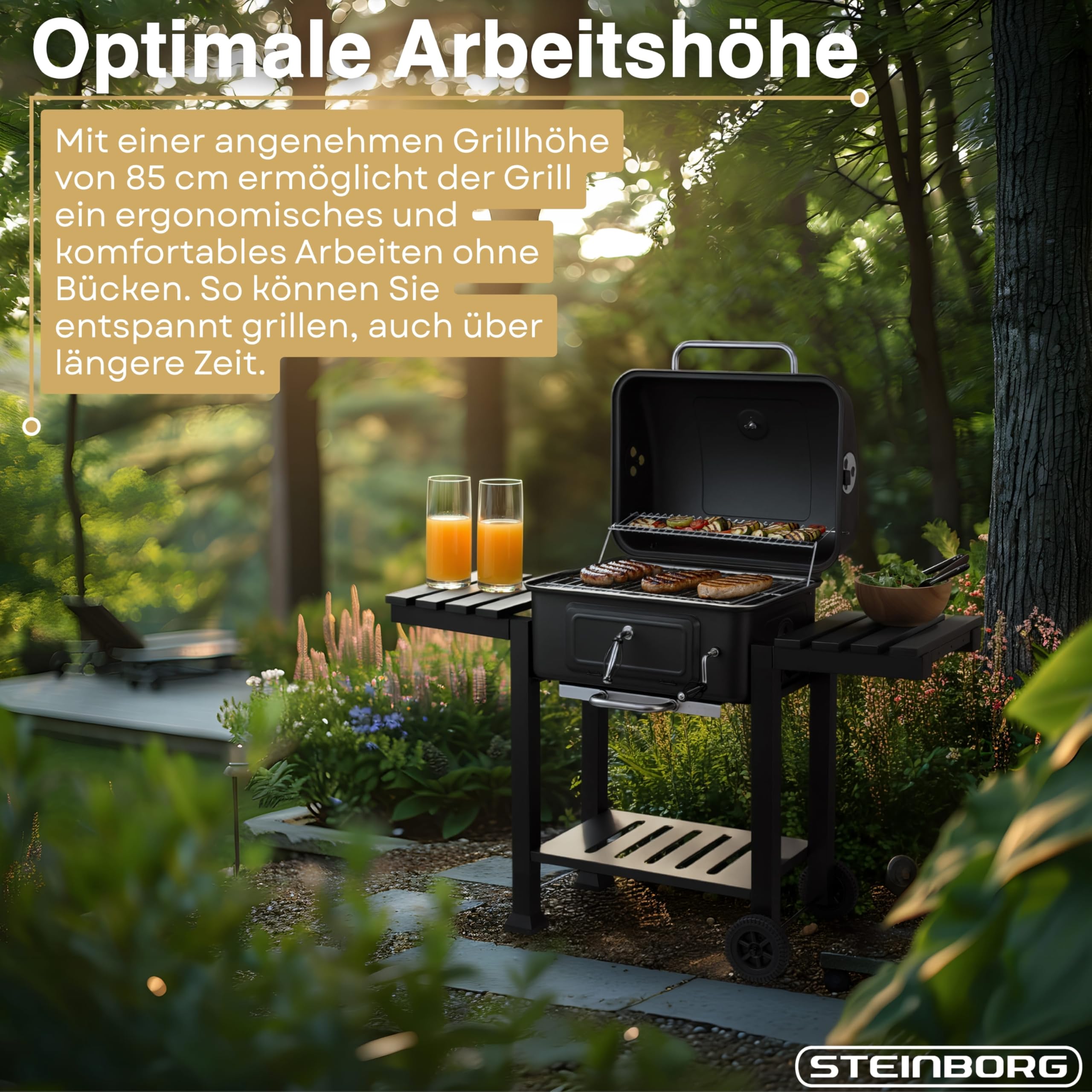 Steinborg® Holzkohlegrill mit Deckel & Thermometer – BBQ Grillwagen fahrbar mit 2 Grillrosten, Warmhalterost, höhenverstellbarer Kohlewanne, Thermometer, Ascheschublade & Seitenablagen