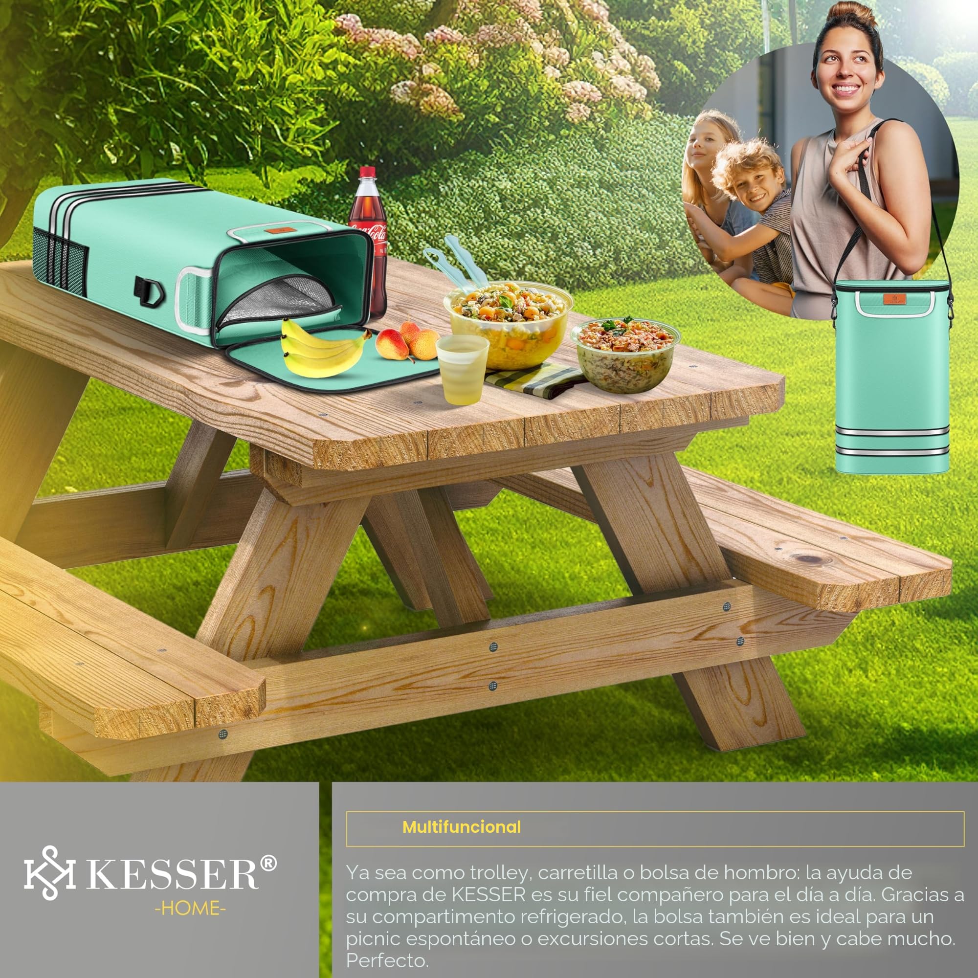 KESSER® Carro de la compra- Carro de la Compra con Compartimento Frigorífico, 56L de Capacidad, Capacidad de Carga hasta 50kg, 3en1 Carro y Bolsa bandolera, incl. Chip de compra, Plegable, Verde Menta