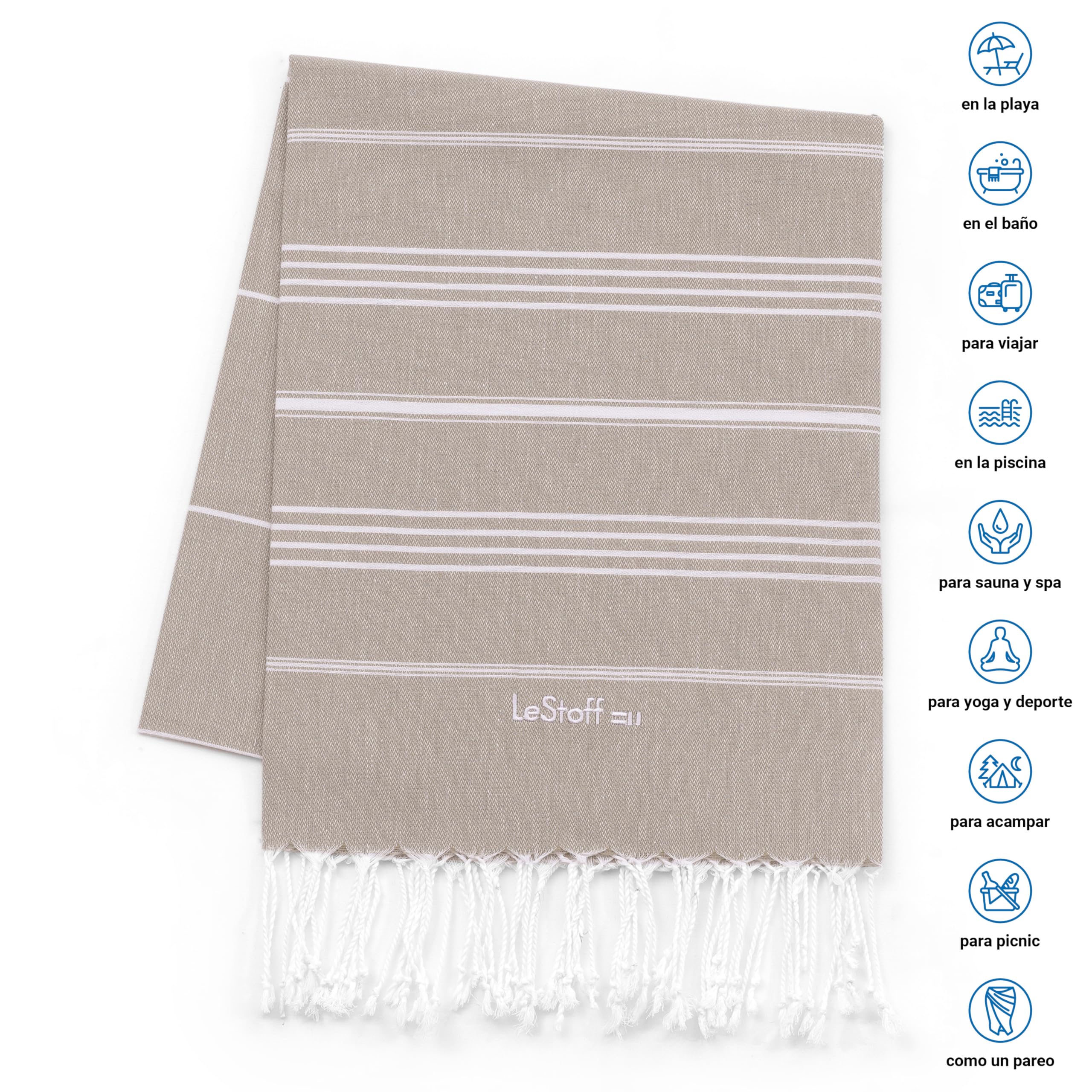 LeStoff Pack 2 Foutas, Algodón Orgánico, 95x180 cm, Antracita/Beige | Pack de 2 toallas de playa, baño, sauna y viaje; ligeras, absorbentes, de secado rápido y prelavadas