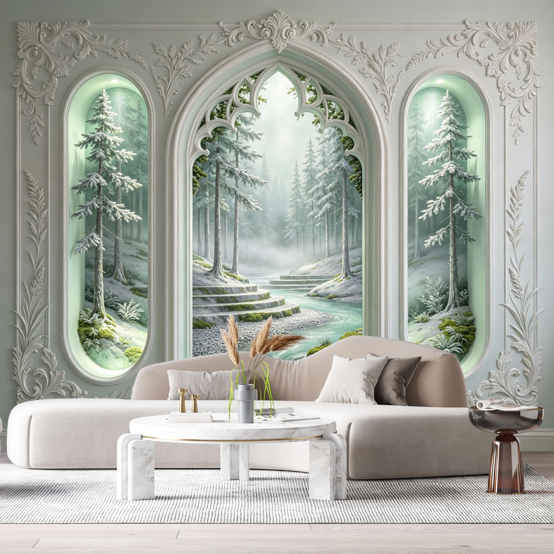Custom Size Wall Murals Gothic Window Winter Forest Stream Snow 3D Trompe L'Oeil SelfAdhesiveWall Fabric Removable Wallpaper Wall Decor for Living Room Bedroom Bathroom