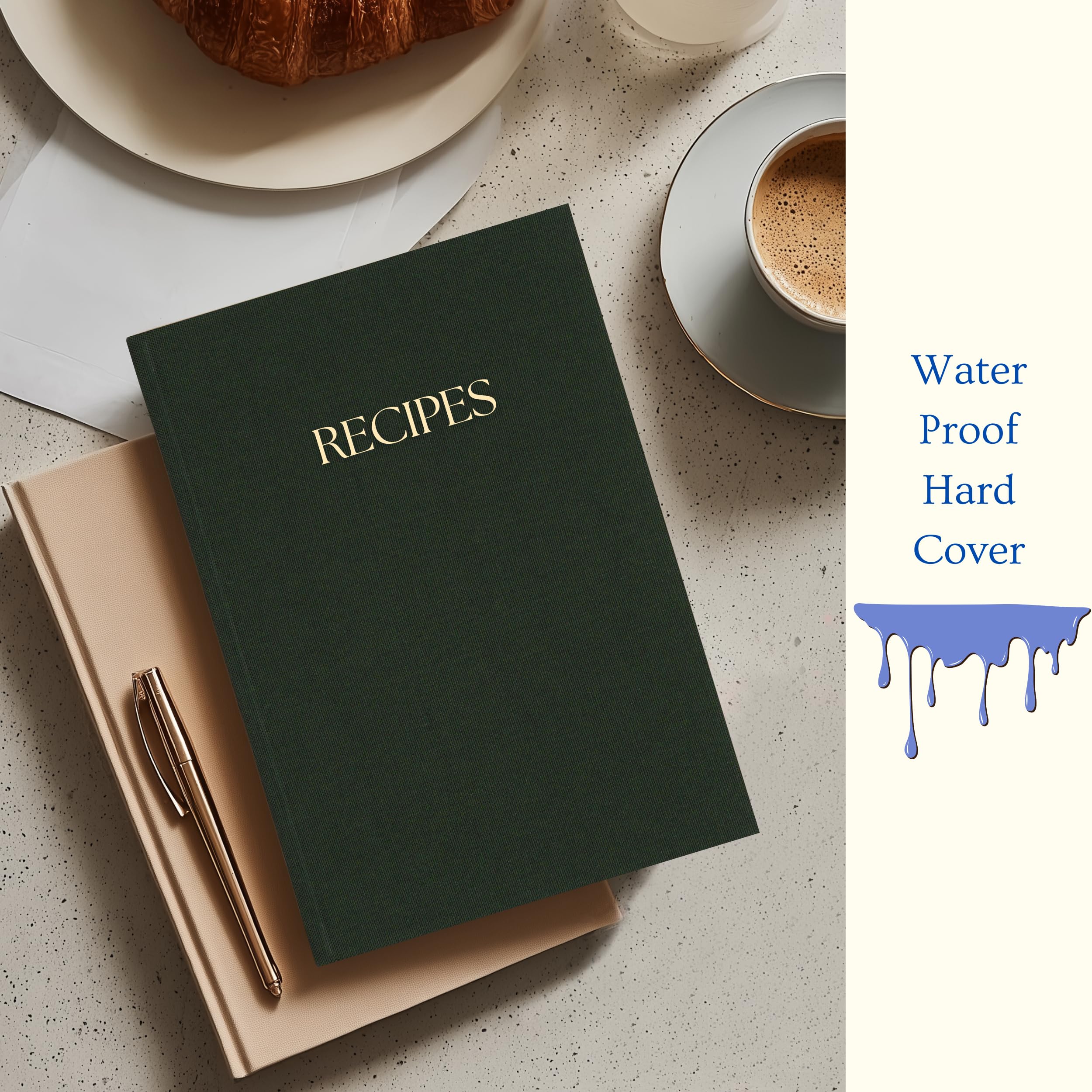 Cuaderno de recetas en blanco, libro de recetas de 8.5 x 6 pulgadas con tapa dura de tela resistente al agua de alta calidad. Diario de cocina personalizado para tus propias recetas familiares, libro