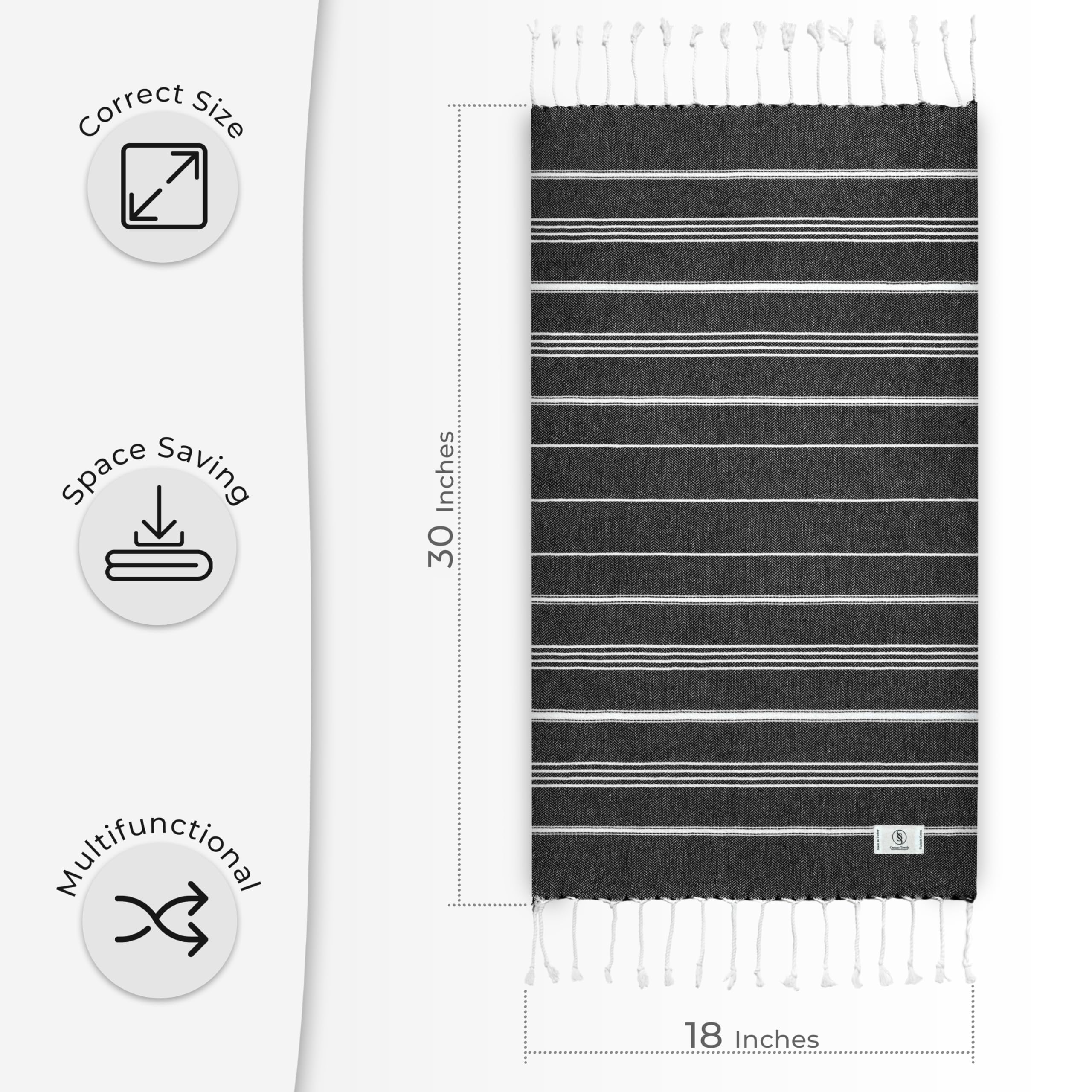 Ossano Towels Classic Sultan Series - Juego de 2 toallas de mano turcas (18 x 40 pulgadas), color negro