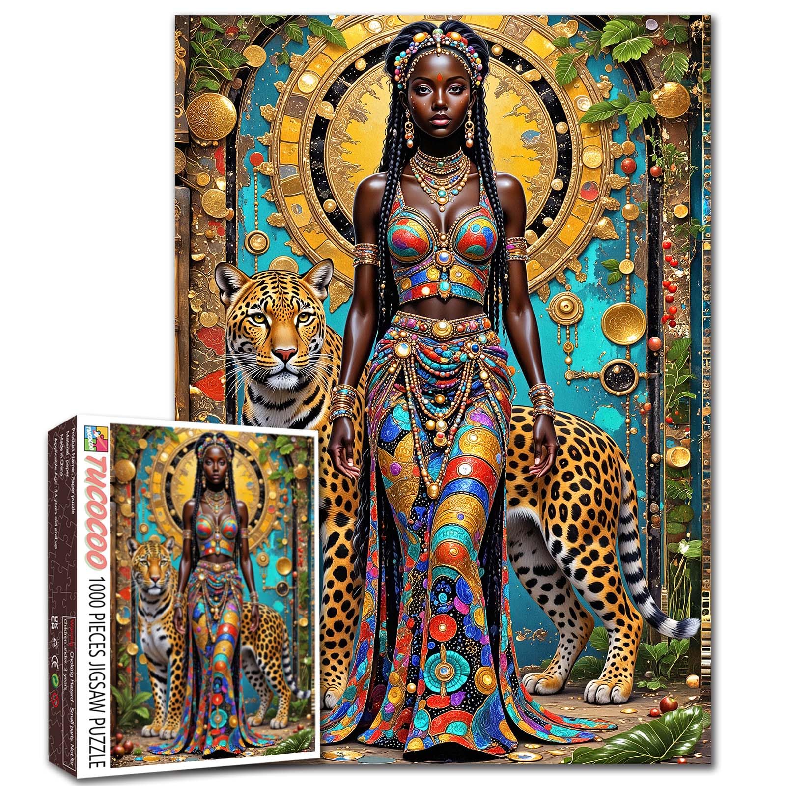 1000 Piece Jigsaw Puzzles for Adults African Woman Painting Jigsaw Puzzle African American Queen 1000 Pieces Puzzles Game Leopard Decor DIY Craft Bedroom Decor Animal Puzzle Art 19.7"x27.6"