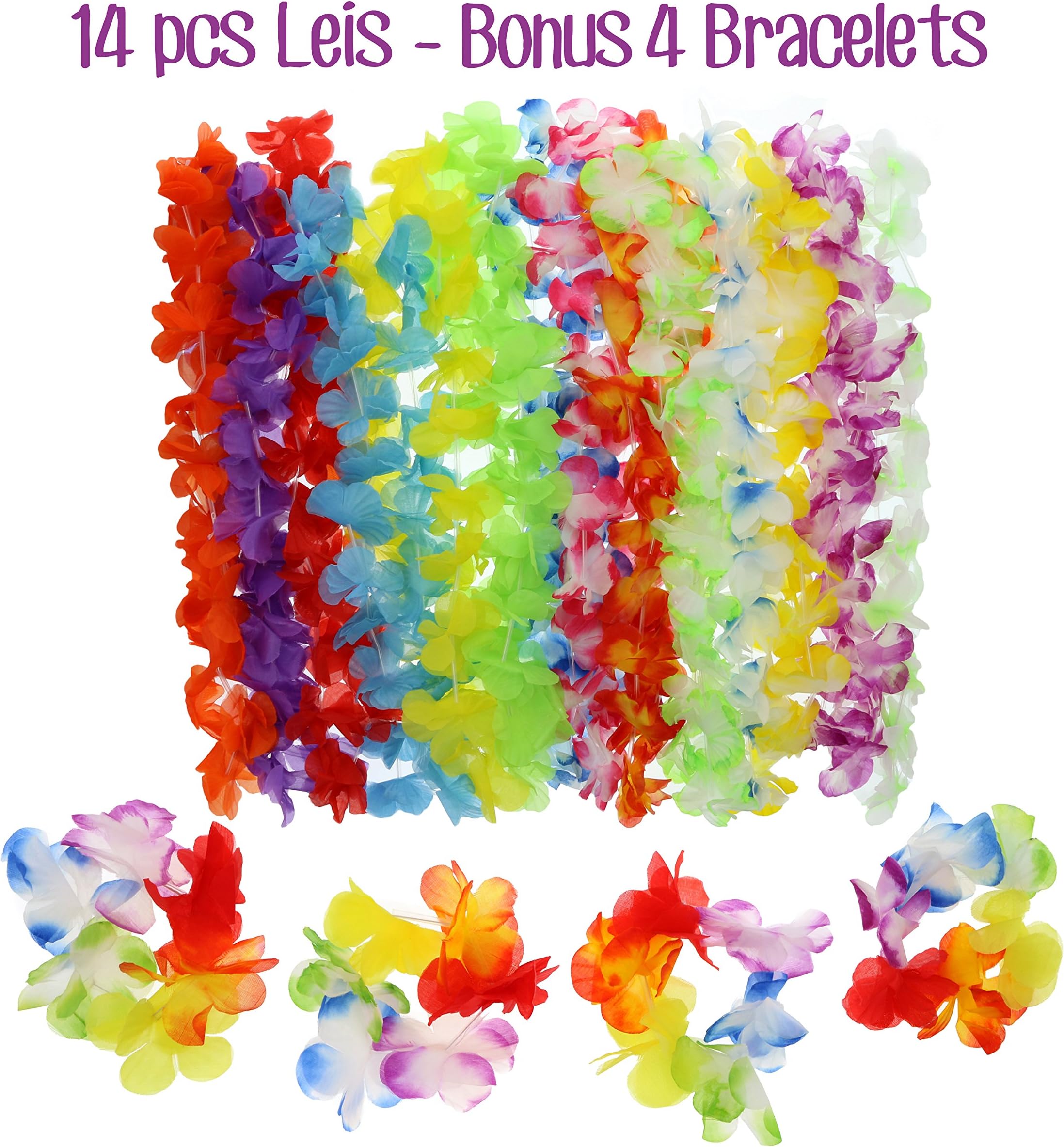 Hawaiian Leis Luau Party Decorations - Tropical Hawaii Silk Flower Necklace - Hula Luau Beach Pool Party Theme Accessories - for Birthday and Graduation Day Celebration (14 Pieces plus 4 Bracelets)