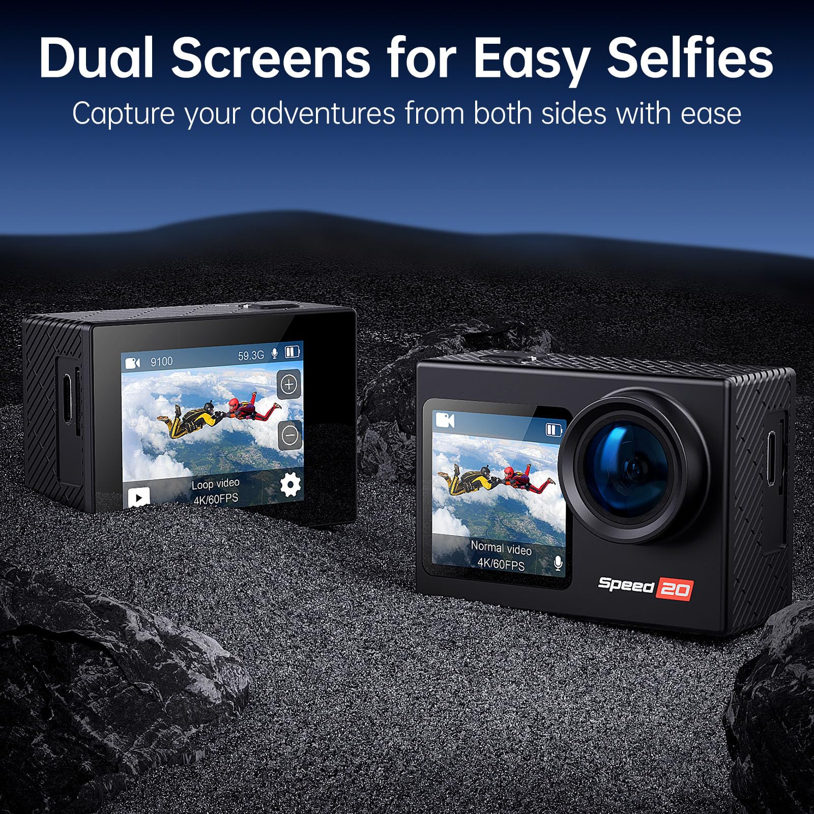 Action Camera 4K 60FPS with Touch Screen 20MP Waterproof Camera Underwater 131FT with EIS for Snorkeling Helmet Bike 170° Wide Angle Remote WiFi 5XZoom