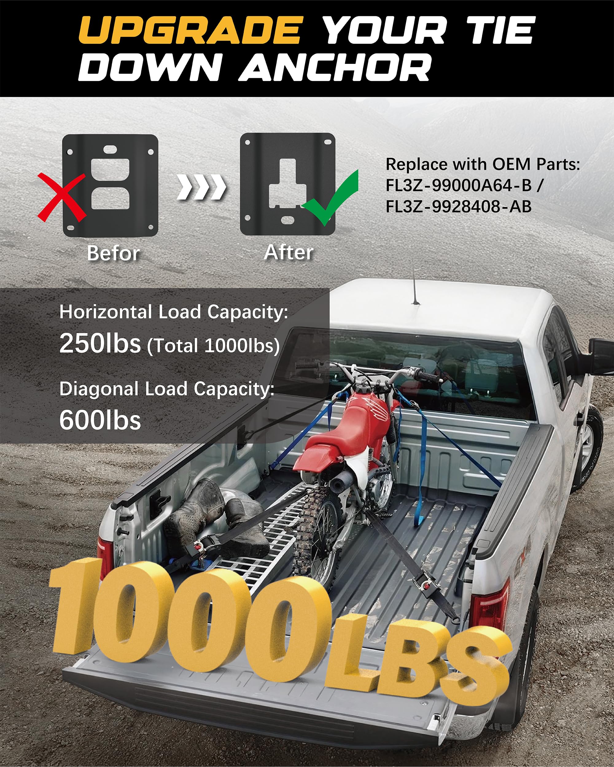 RETRUE Anclajes de amarre para caja de camioneta adecuados para F150 F250 F350 2015-2025, accesorios de amarre y anclajes de camión de repuesto #FL3Z-99000A64-B/FL3Z-9928408-AB, 4 piezas