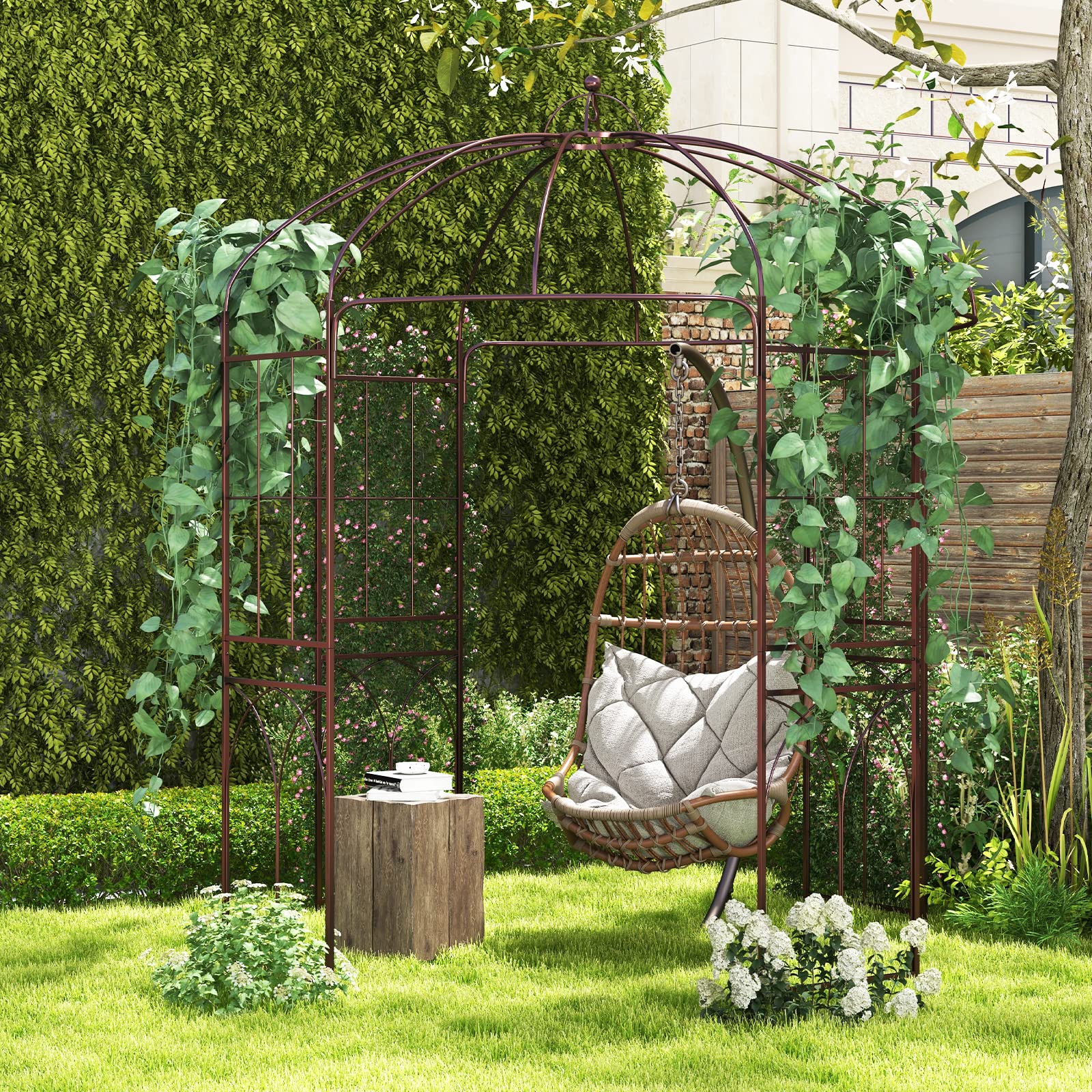 GOPLUS Rosenbogen aus Metall, Gartenbogen stabil mit Rankgitter für Kletterpflanzen & Hochzeit, 211x211x256cm Rosenpavillon Torbogen Rankbogen wetterfest für Garten & Hinterhof