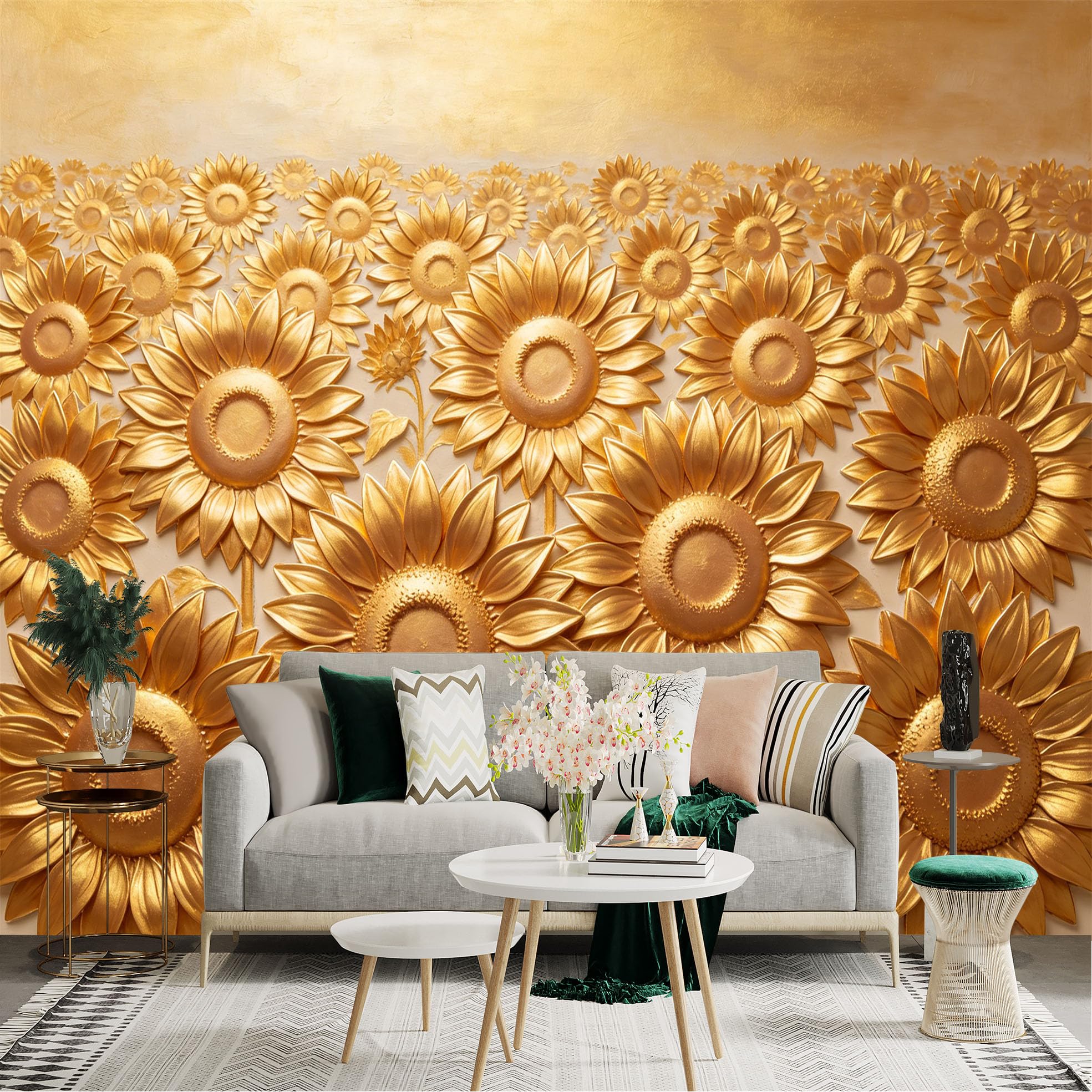 Lnzczhyre Dbh260521866 Custom Size Wall Sticker Mural， 3D Golden Sunflowers， Metallic Floral Art， Elegant Botanical Decor， For Wall Decoration， Peelandstick Wall Decals.