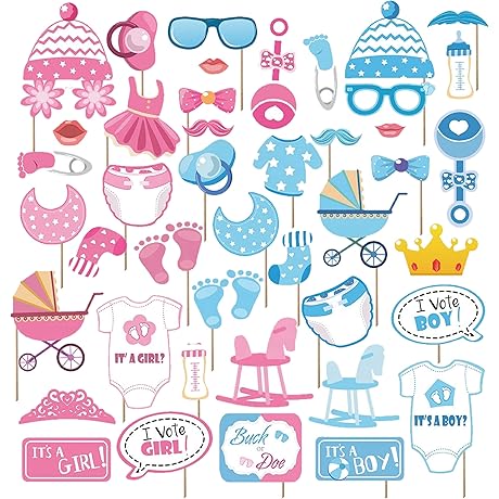 44Pcs Gender Reveal Photo Booth Props with Stick - Boy or Girl...