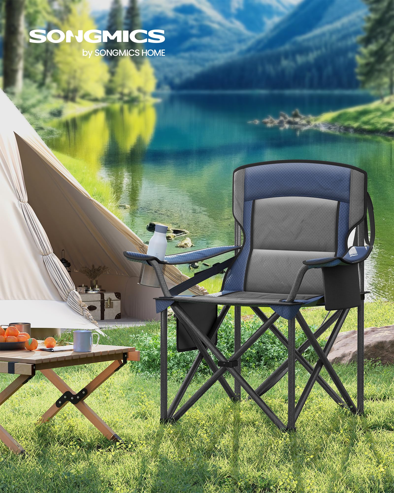 SONGMICS Silla de Camping Extragrande y Acolchada, Cómoda Plegable para Exteriores, Soporte Lumbar, Bolsa Térmica, Carga 205 kg, Azul Marino GCB066Q01