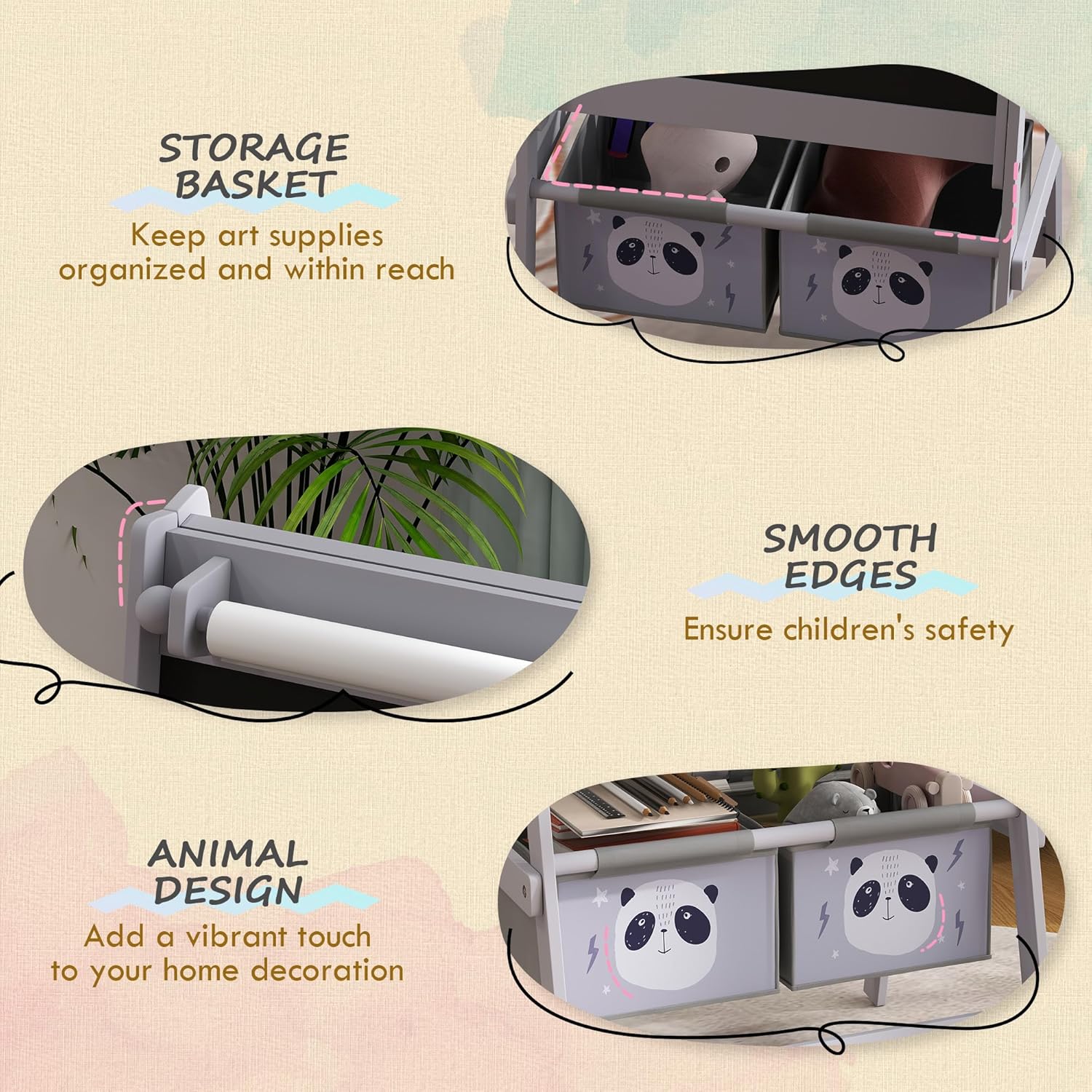 Close-up of storage baskets and smooth edges on the easel