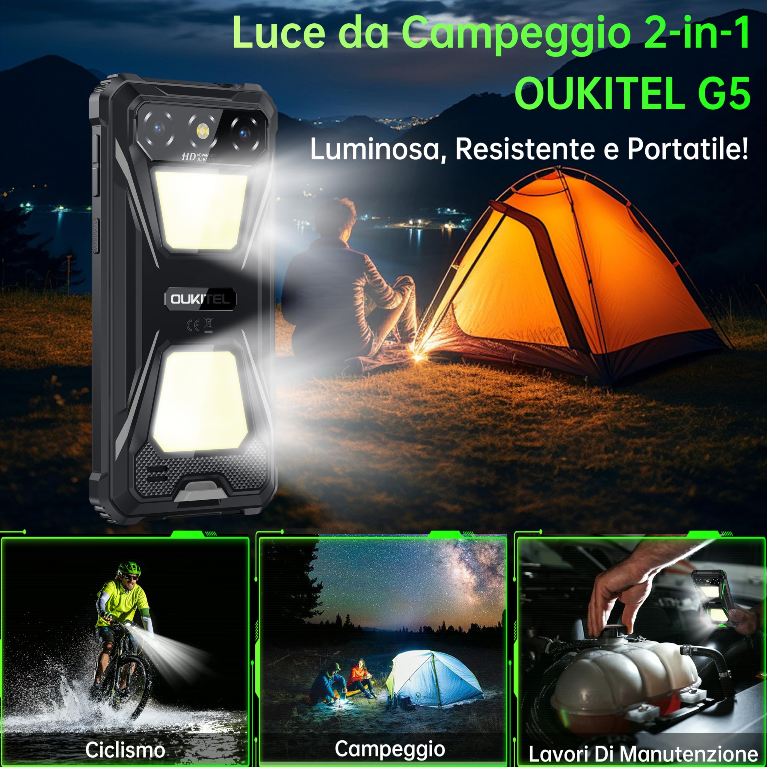 OUKITEL G5 Rugged Smartphone con 900LM Luce Campeggio - 16(4+12) GB+64GB /TF 1TB, Android 14 Telefono Indistruttibile, 6300mAh 13MP+5MP 6" HD Cellulari e Smartphone IP68/BT5.0/OTG/GPS Arancio