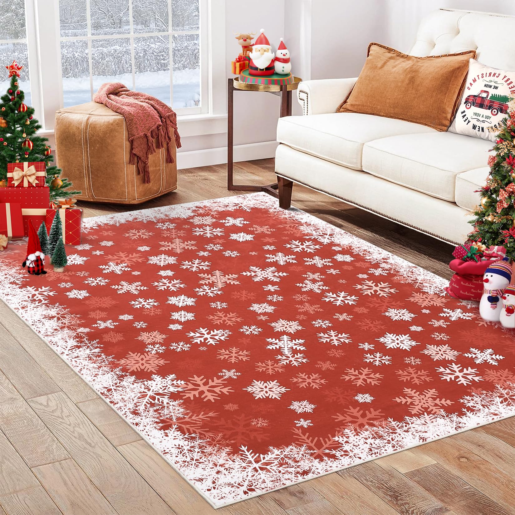 GarveeHome Christmas Rug 8x10 Non-Slip Area Rugs Holiday Christmas White Snowflakes Home Decor Rugs Carpet for Classroom Living Room Bedroom, Red