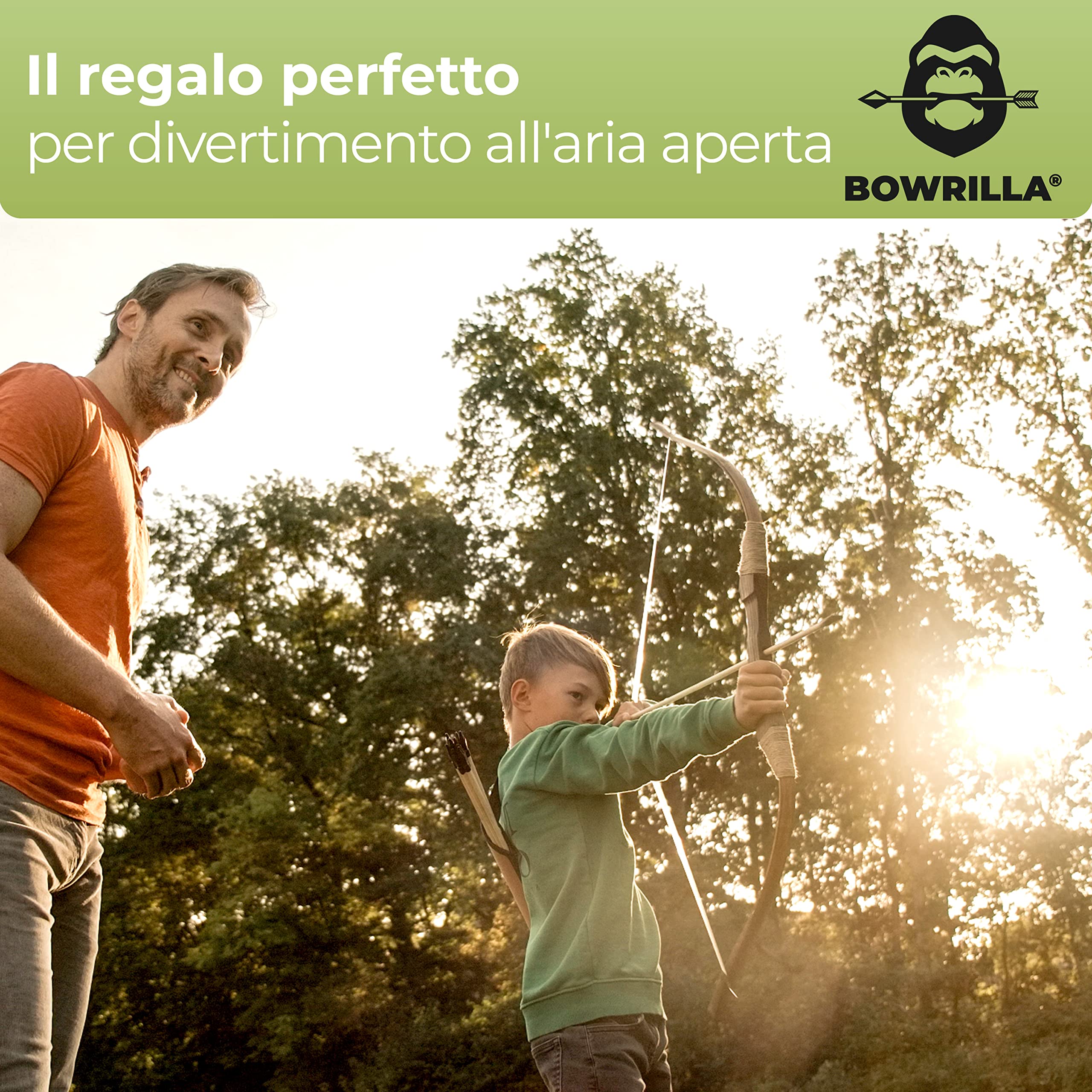 BOWRILLA® Arco e freccia per bambini, 10 frecce con punta in gomma, faretra e 3 bersaglio, set per bambini con custodia inclusa, arco per bambini adatto per destrimani e mancini