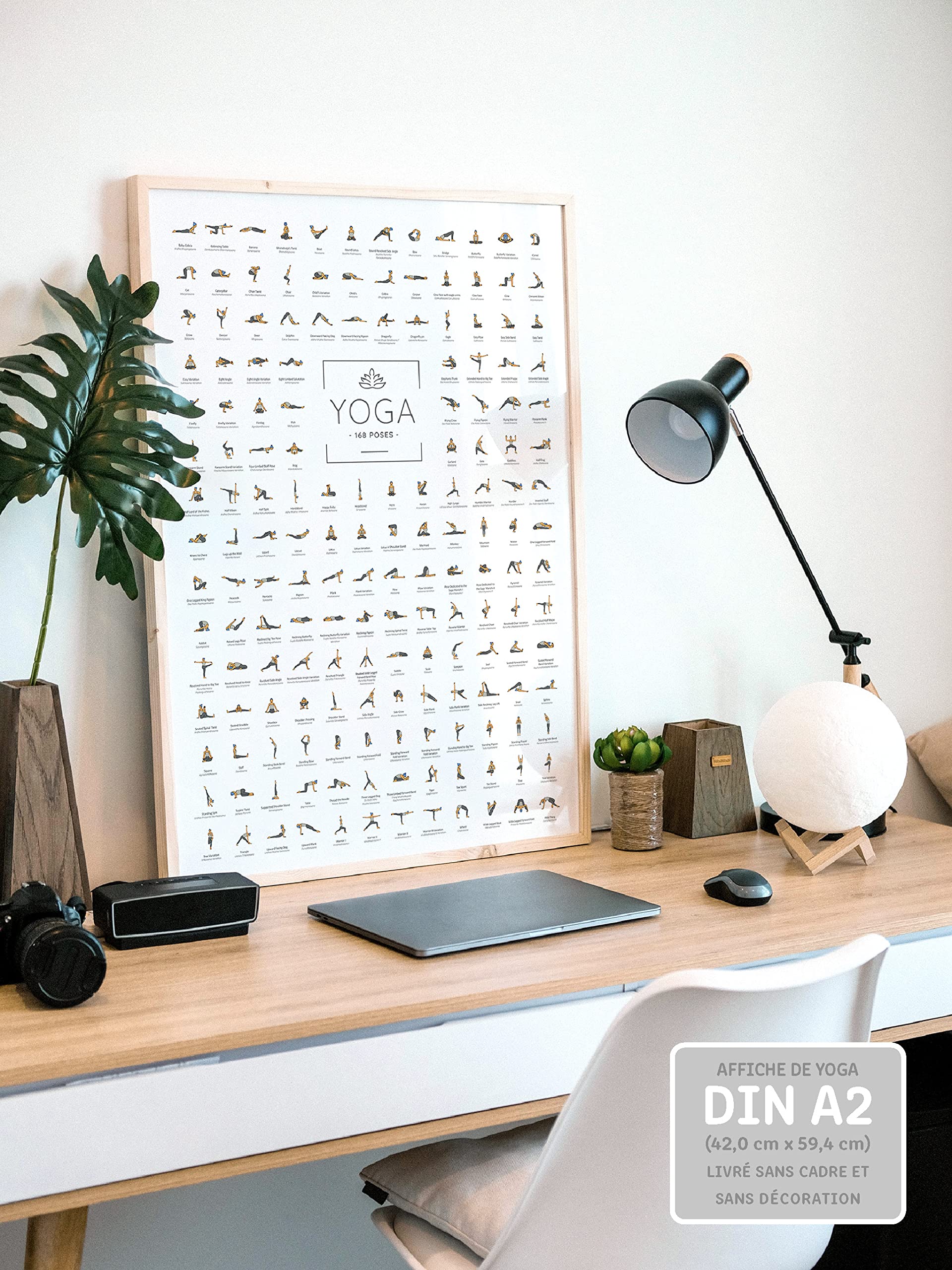 JUNOMI® Poster de Yoga DIN A2 avec 168 postures et asanas, accessoires de yoga pour studios et exercices à domicile, idée cadeau parfaite pour le yoga | sans cadre