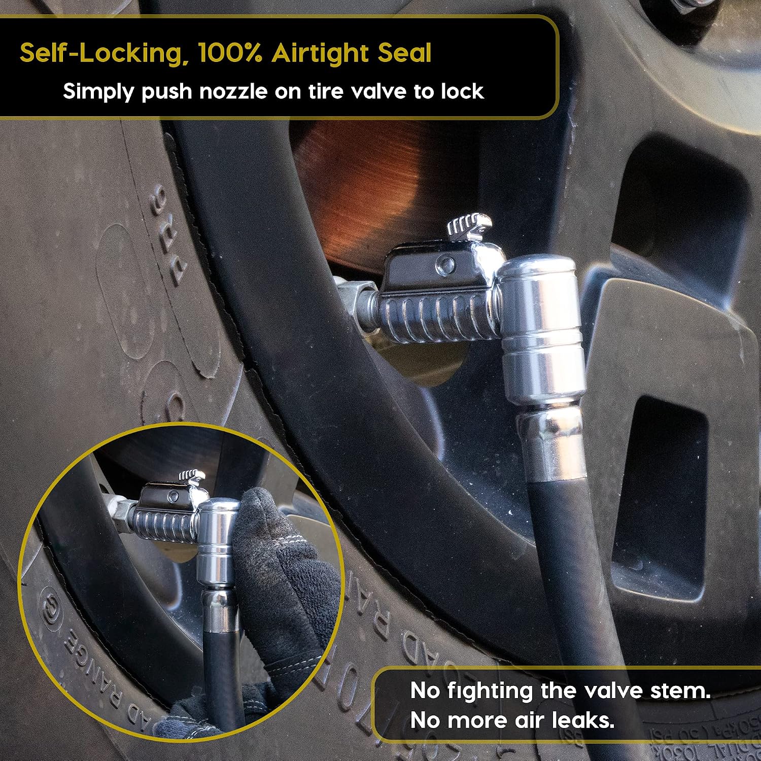 JACO Lightning L2X Quick-Connect Locking Tire Inflator Air Chuck Extension | Patented Lock-on Compressor Hose Attachment | 90 Degree Adapter (Open Flow)