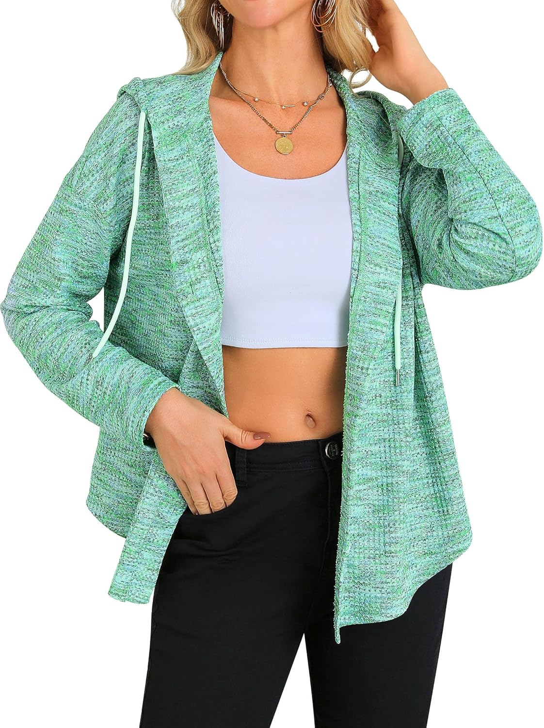 ZXZY Waffle Knit Tops for Women Casual Long Sleeve Button Hooded Sweatshirts Hoodies - Image 2