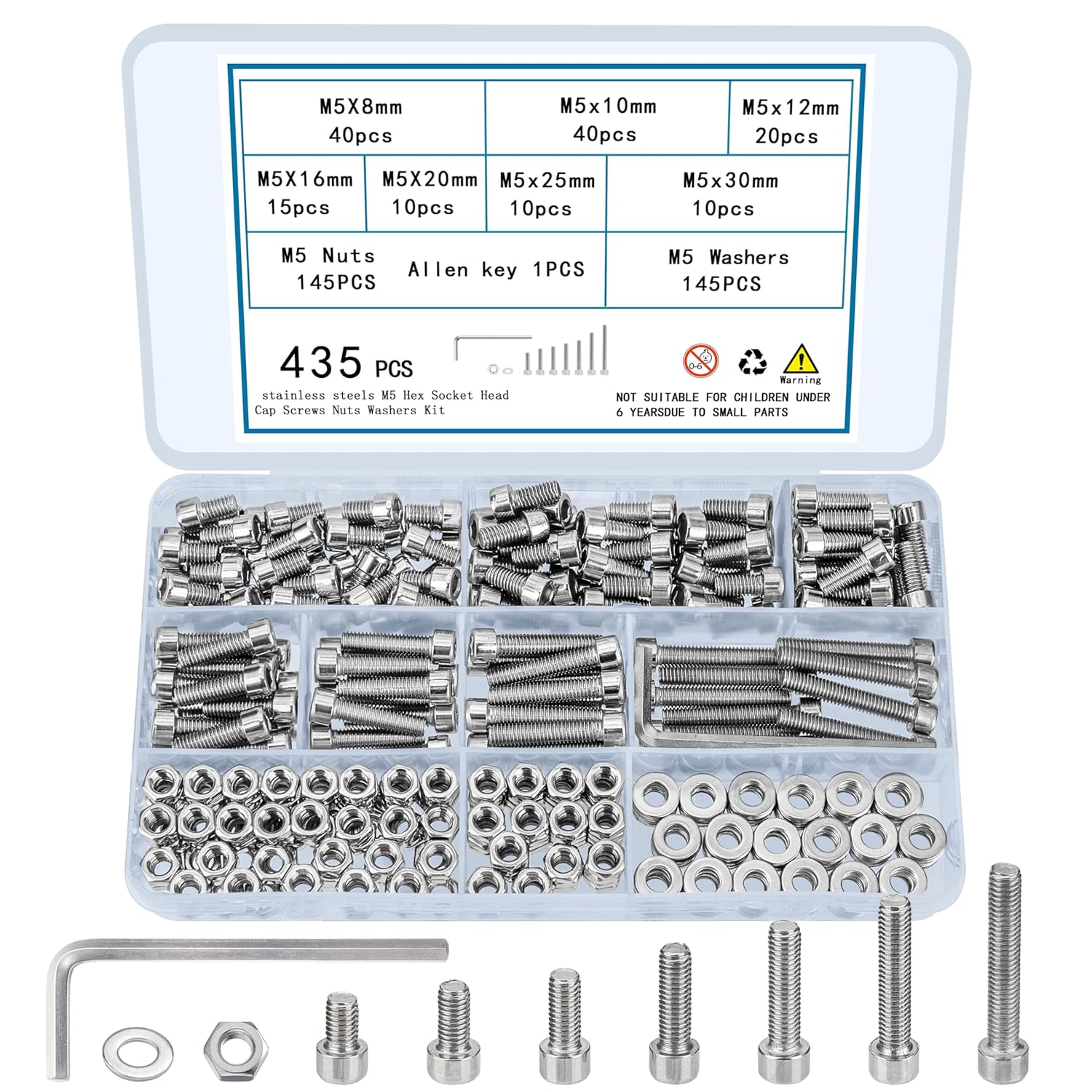 435 Pcs M5 Screws and Nuts Set, Hex Socket Head Cap Screws Bolts and Nuts and Washers Kit, Stainless Steel Bolts and Nuts Kit, Metric Machine Screw Assortment Kit, Fully Threaded Hex Nuts