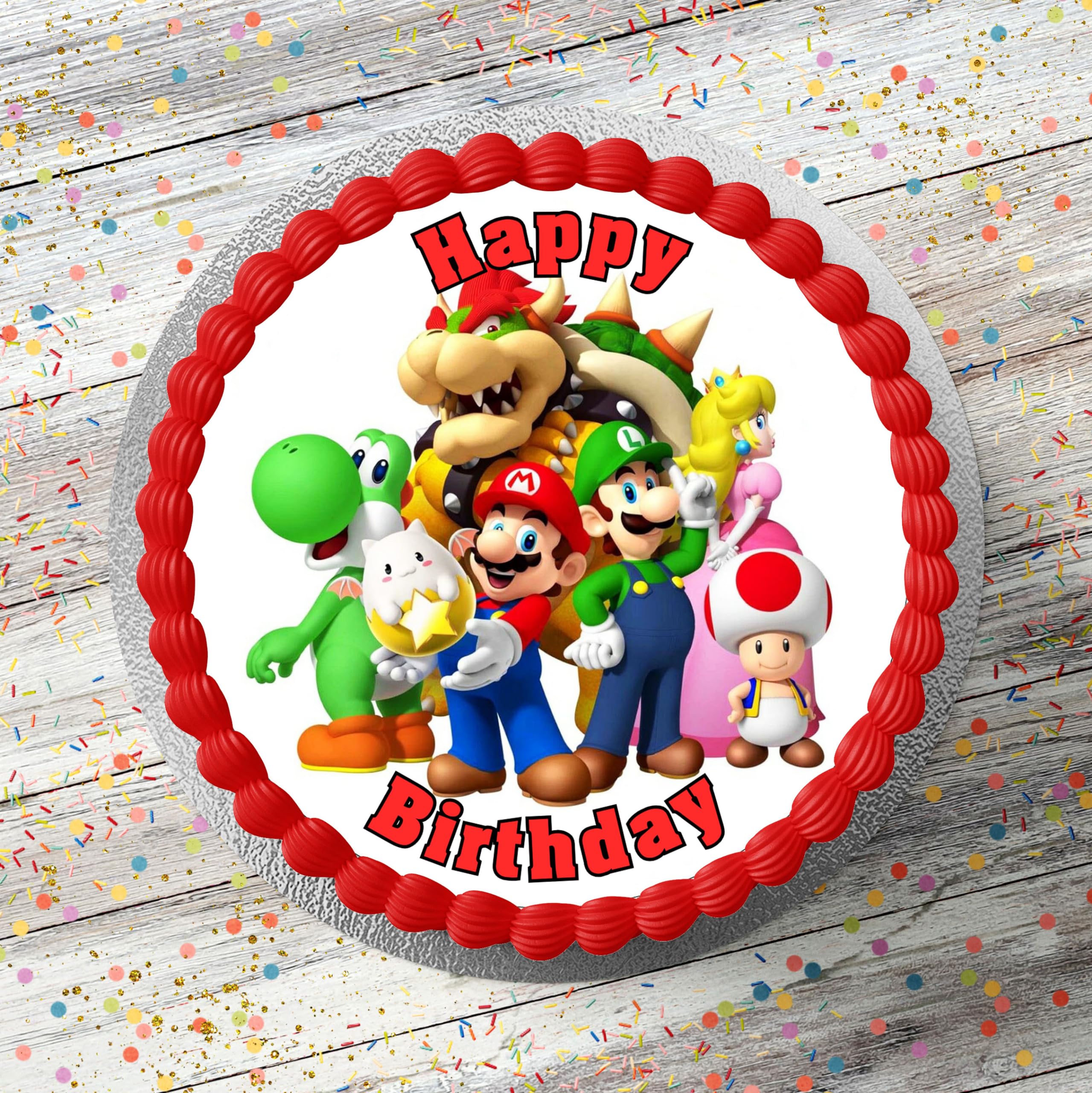 Mario Style Theme Pre Cut Edible Icing Cake Topper 7.5 Inch Round Cake Decoration
