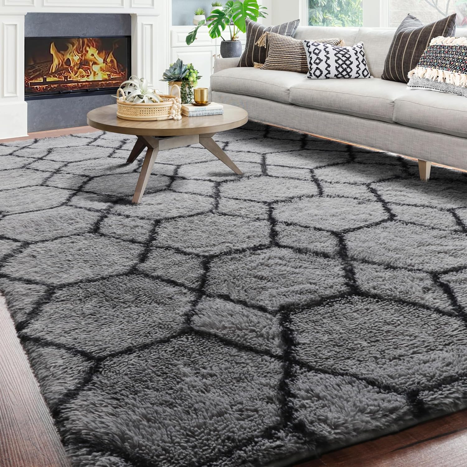 ONASAR 6x9 Area Rugs for Living Room Bedroom Washable Large Fluffy Grey and Black Throw Rug Geometric Soft