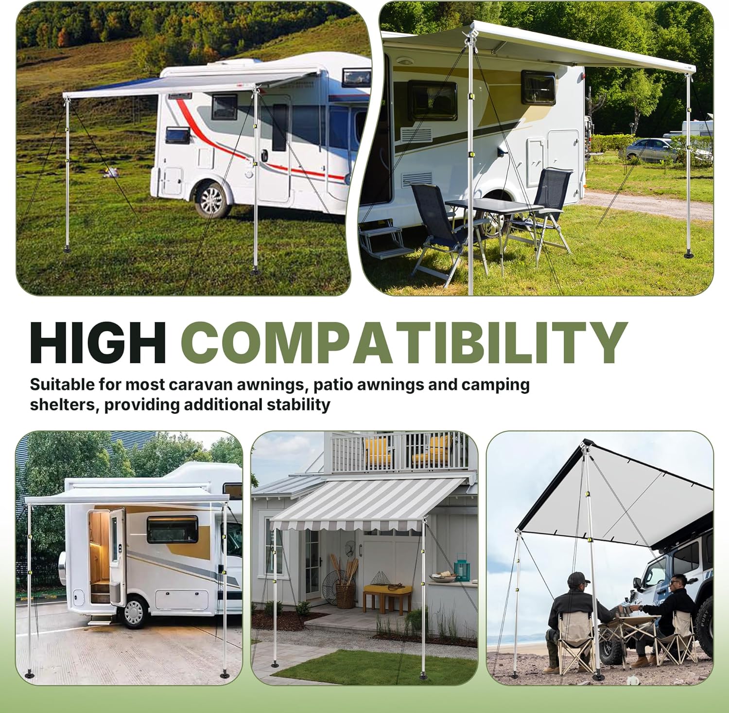 Awning Stabiliz'r Pole Kit - 2 Pack RV Awning Tie Down Kit Pole with 4 Wind Ropes & Accessories, Heavy Duty RV Awning Support Poles Adjustable Length 43" to 112"