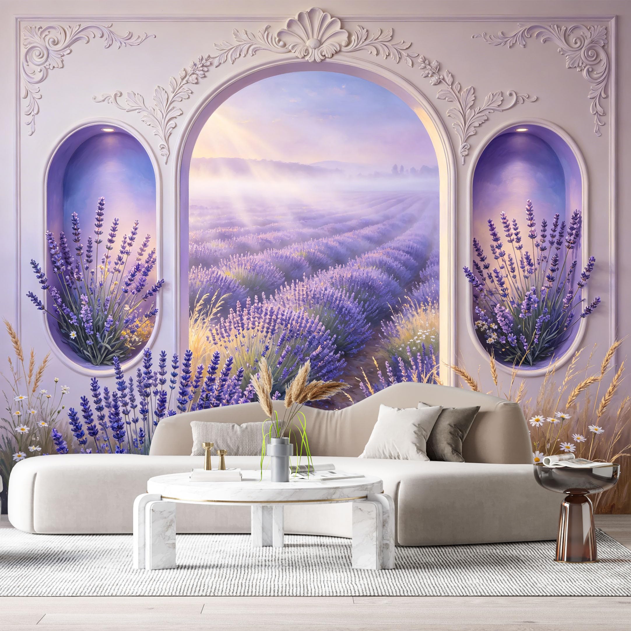 Custom Size Wall Murals Lavender Field Landscape Floral 3D Trompe L'Oeil SelfAdhesiveWall Fabric Removable Wallpaper Wall Decor for Living Room Bedroom Bathroom