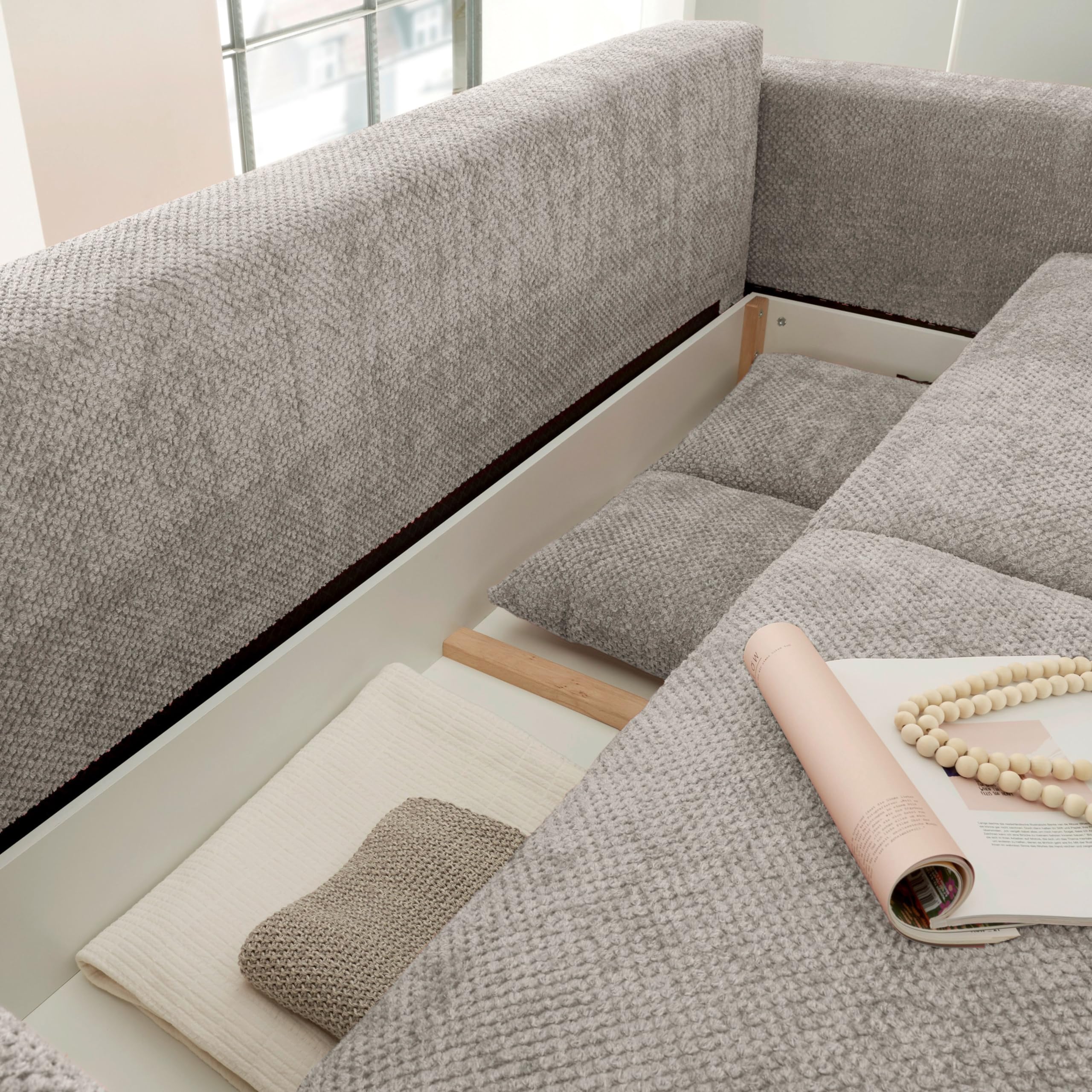 BULLET Bequemes Schlafsofa mit Bettkasten, Stoffbezug Taupe - Klappbares Sofa mit Schlaffunktion - 235 x 88 x 120 cm (B/H/T)