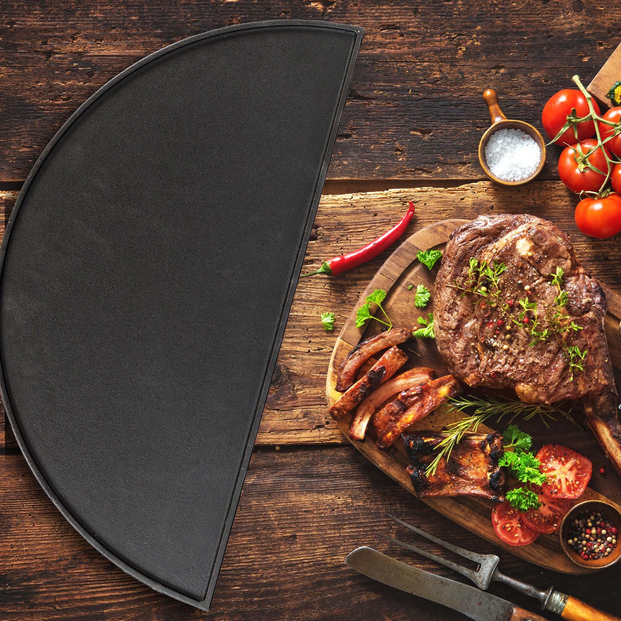 Wiltec Set 1x parrilla y 1x plancha semicirculares de hierro fundido 55 x 26,5 x 0,9 cm para barbacoa, barbecue, BBQ, para carnes, pescados y verduras, fácil de limpiar