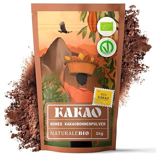 Kakao Pulver Bio 1 Kg. Organic Cacao Powder. Natürlich, Rein aus de Roh Kakaobohnen. Produziert in Peru aus der Theobroma Cocoa Pflanze. Magnesium- und Phosphor-Quelle. NaturaleBio