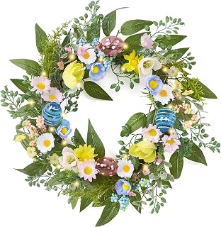 Valery Madelyn Pastel Easter Egg Wreaths Decoration for Front Door with Light, Artificial Spring Floral Daisy Wreath with Eucalyptus Leaves for Home Indoor Outdoor Window Wall Holiday Party Decor-18''