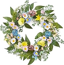 Valery Madelyn 18'' Pre-lit Easter Wreath for Front Door, Lighted Spring Door Wreath with Pastel Egg & Daisy Flower, Artificial Eucalyptus Greenery Farmhouse Decor for Home Wall Window Indoor Outdoor