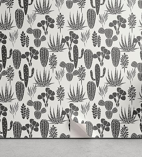 Ambesonne - Cactus - Papel tapiz autoadhesivo, con patrón de siluetas de cactus, flores desérticas y suculentas en escala gris, para hogar, sala de