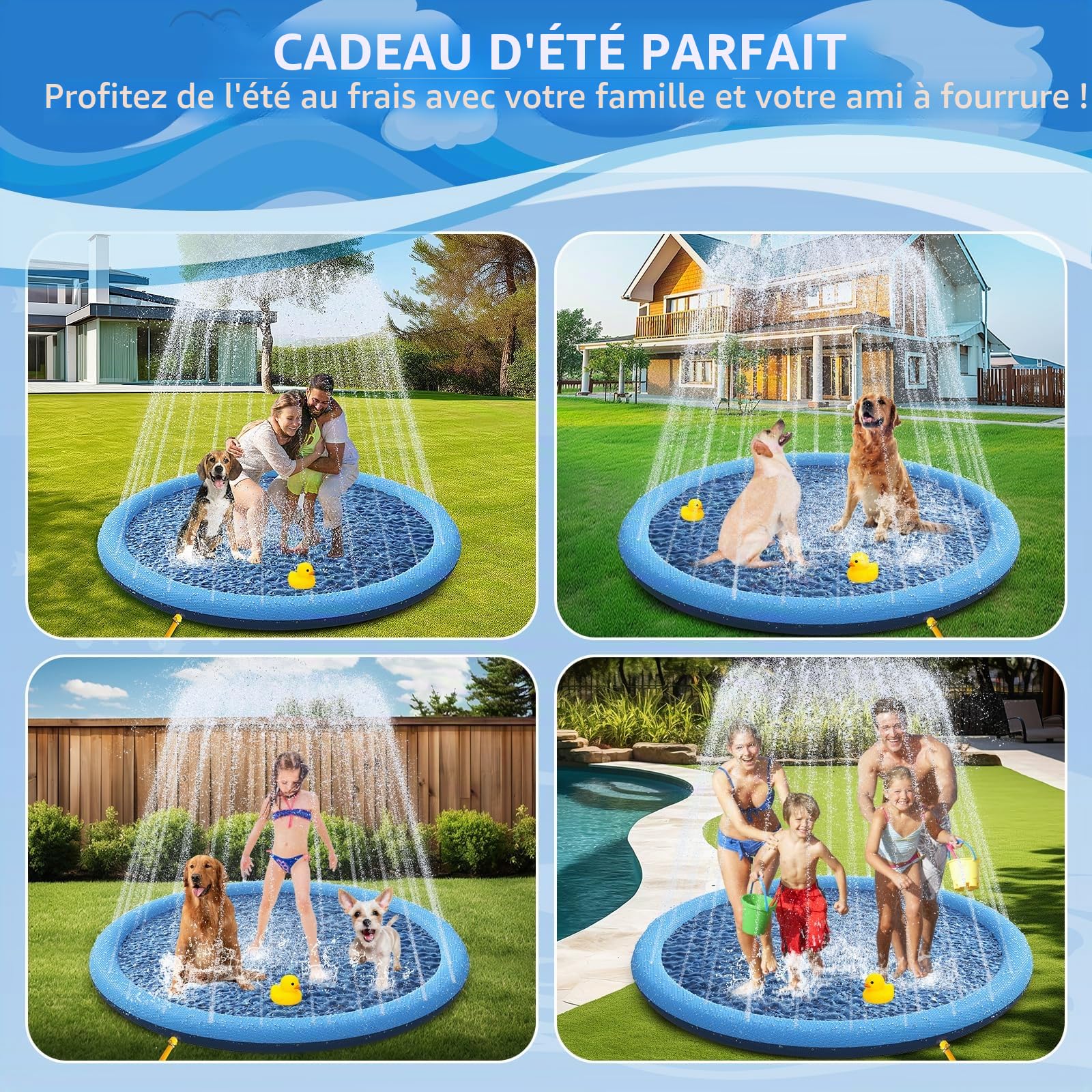 YAUNGEL Piscine pour Chiens, 170cm/67in, 0.55cm Épaississant Tapis de Jeu d'eau pour Chiens avec Éclaboussures et Antidérapant, Jouet de Jardin Portable Durable et Pliable, Bleu