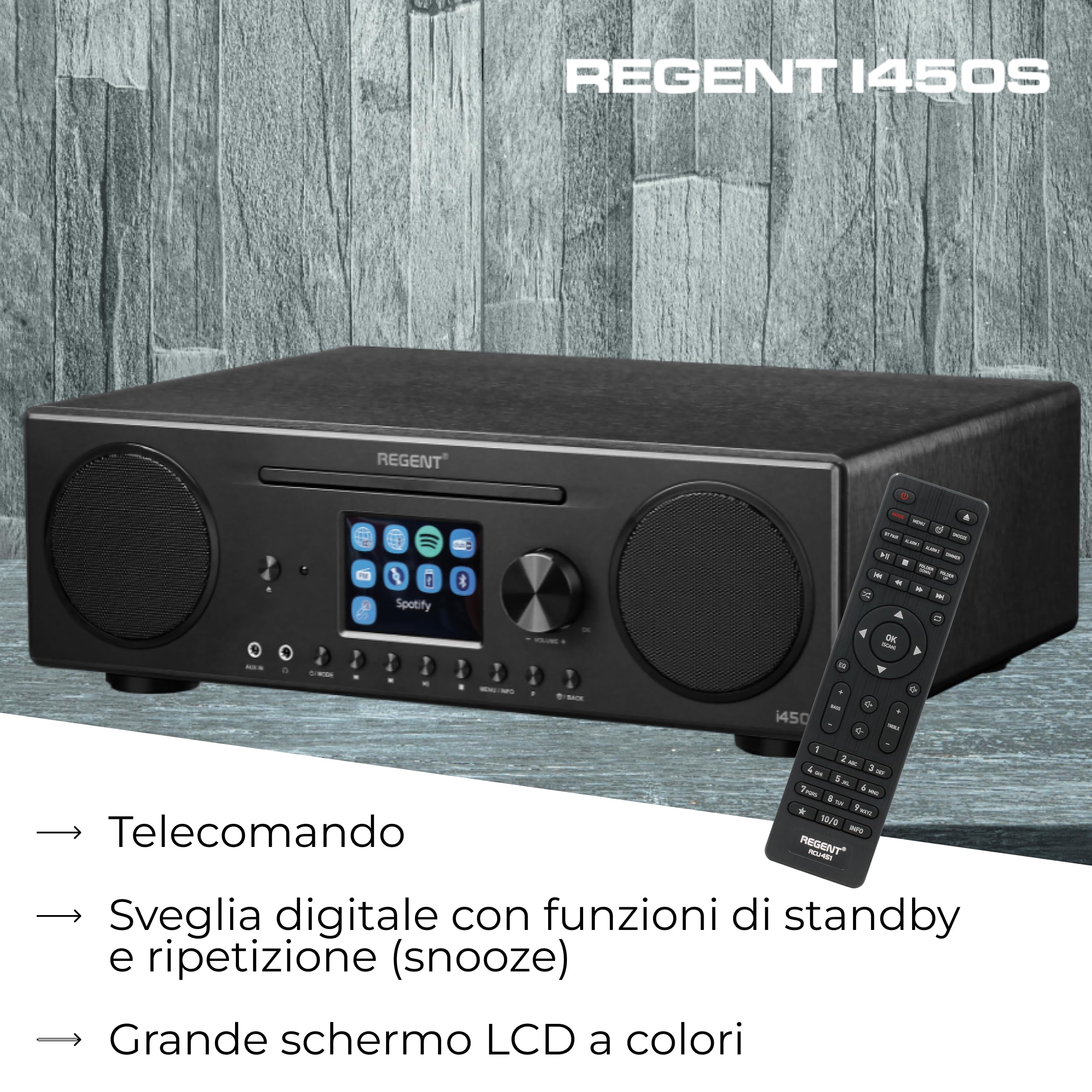 Ferguson Regent i450s DAB+ Digital Internet Radio with Spotify Connect, Bluetooth, AUX, USB, Hi-Fi Home Stereo, Doppio Allarme, Telecomando Nero