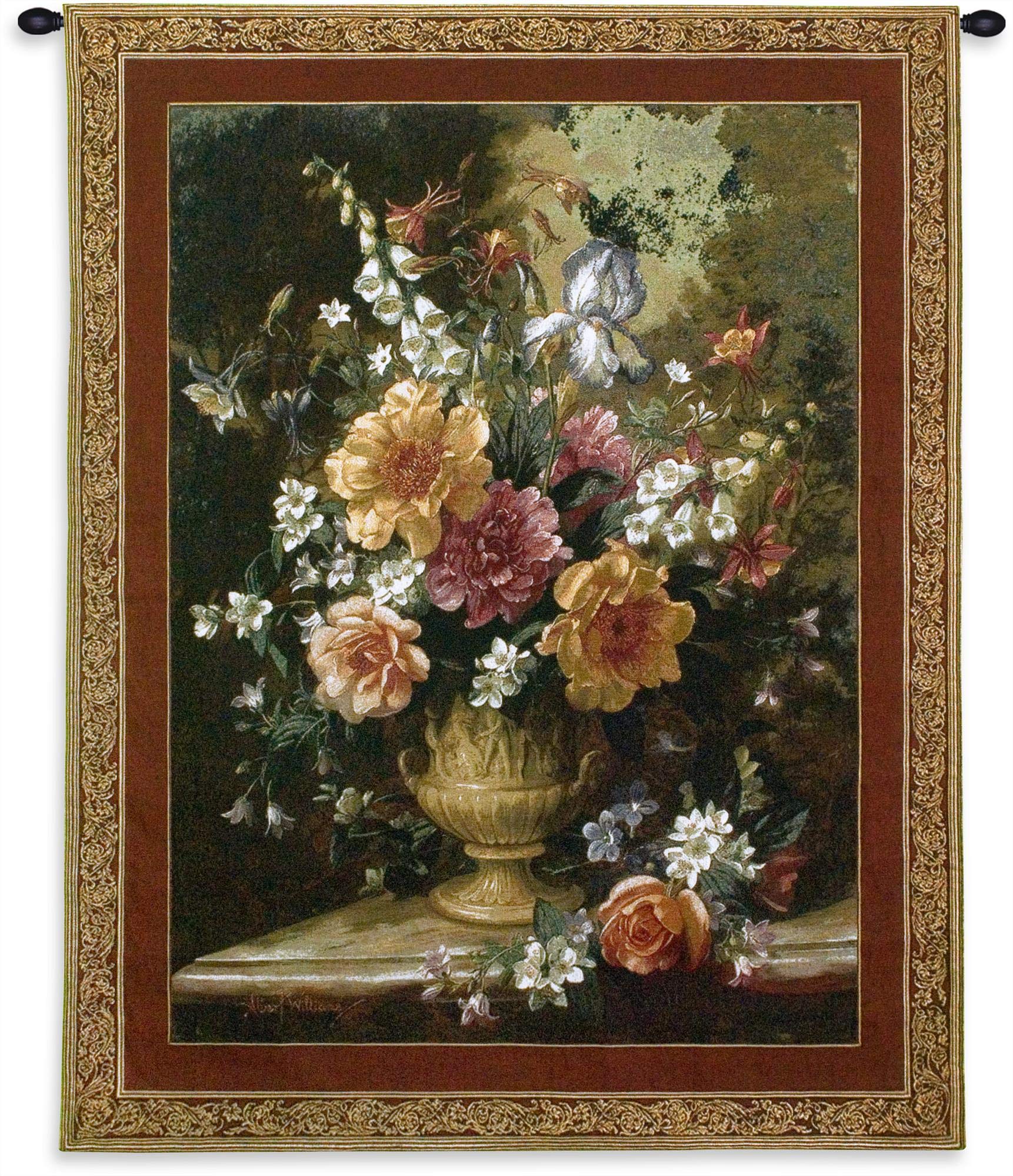 Nature's Glory IV by Albert Williams | Woven Tapestry Wall Art Hanging | Floral Blooming Centerpiece Golden Vase Still Life | 100% Cotton USA Size 53x42